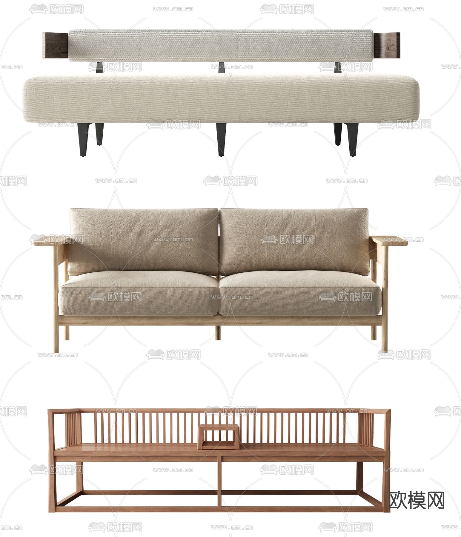 新中式布艺双人沙发3d模型下载（渲染图3）