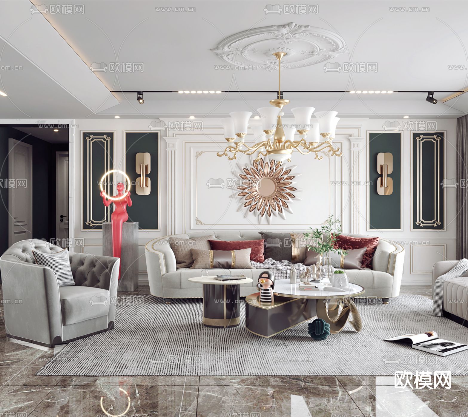 简欧轻奢客厅餐厅3d模型下载（渲染图4）