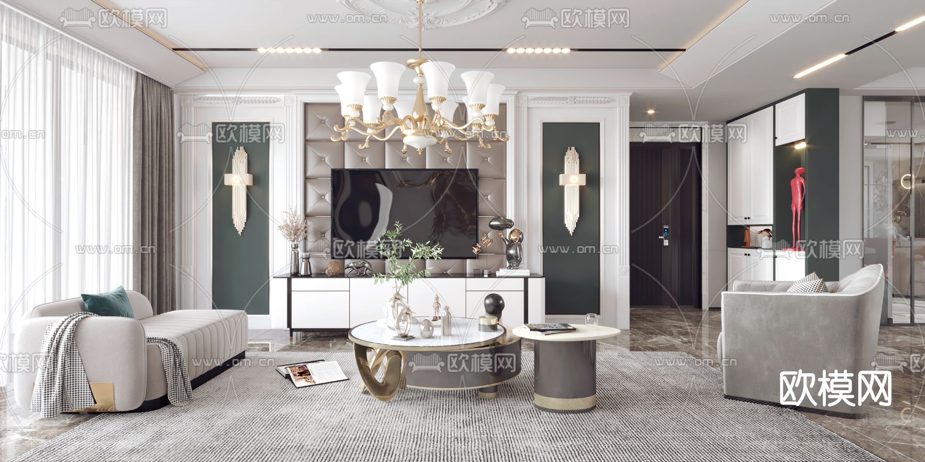 简欧轻奢客厅餐厅3d模型下载（渲染图3）