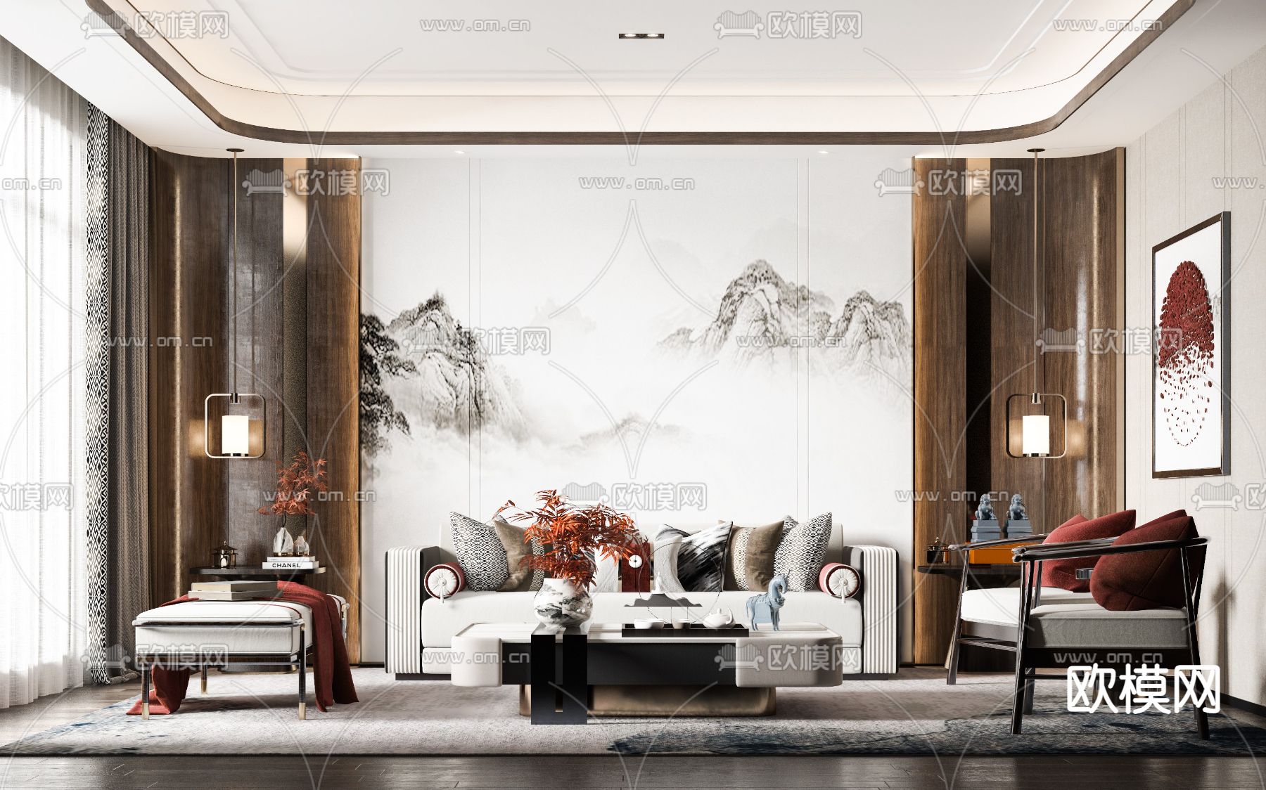 新中式布艺沙发组合3d模型下载