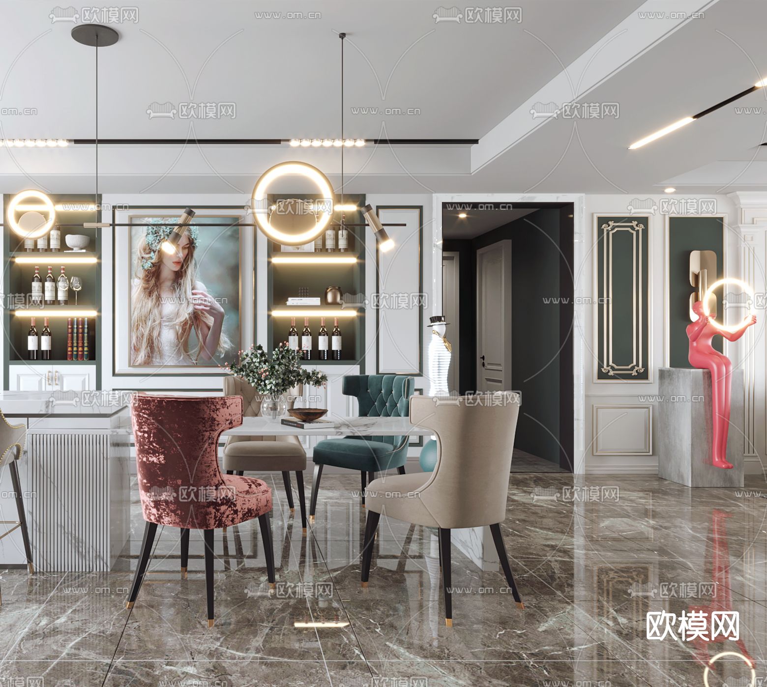 简欧轻奢客厅餐厅3d模型下载（渲染图5）