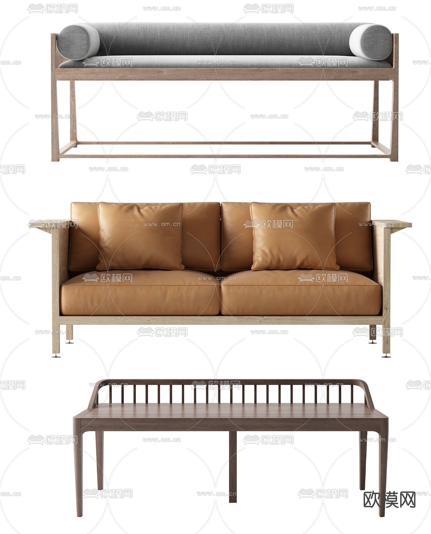 新中式布艺双人沙发3d模型下载（渲染图2）