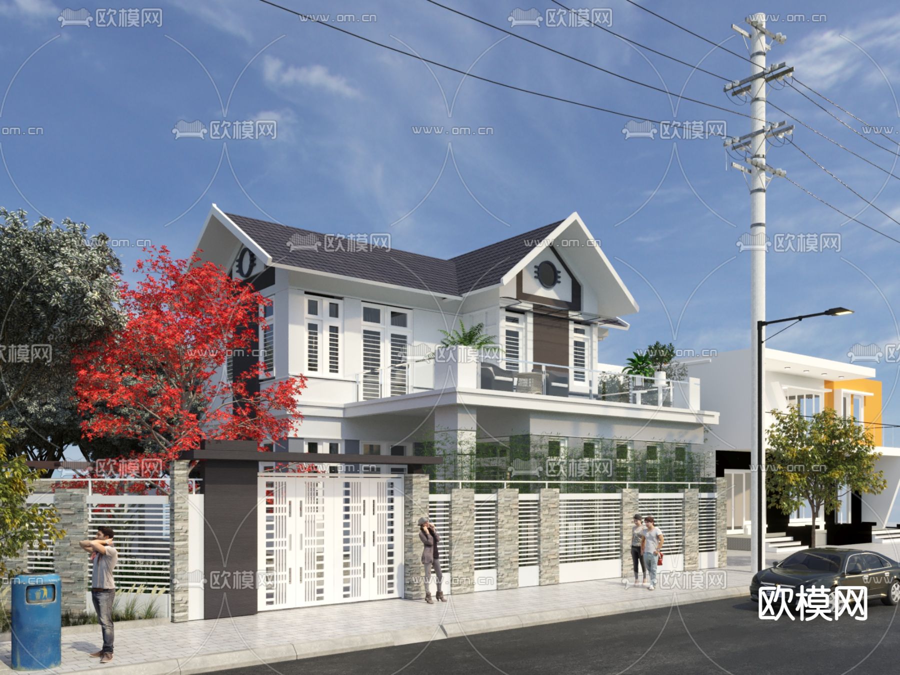 现代独栋别墅外观3d模型下载（渲染图2）