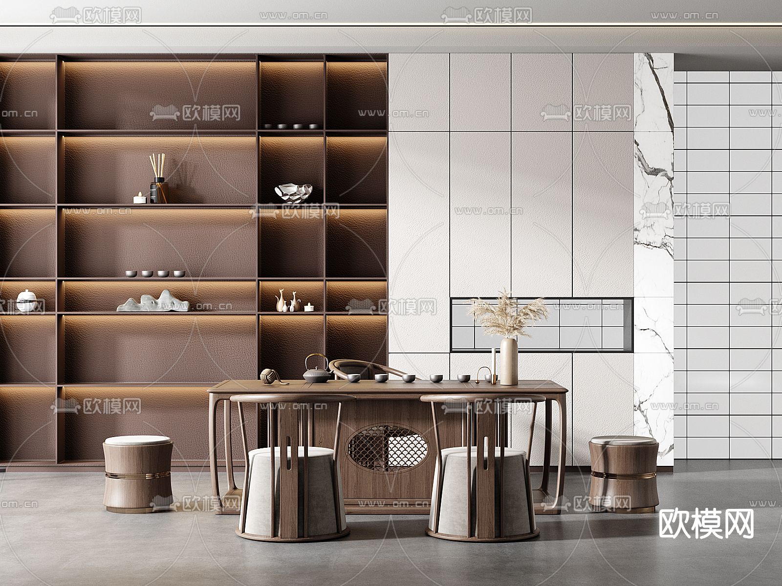 新中式实木茶桌椅3d模型下载