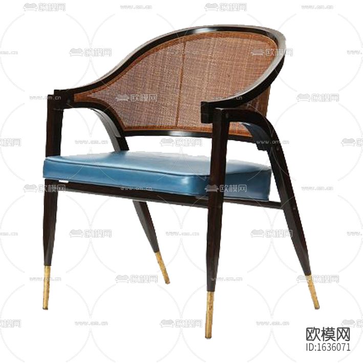 新中式轻奢实木蓝色皮革休闲椅