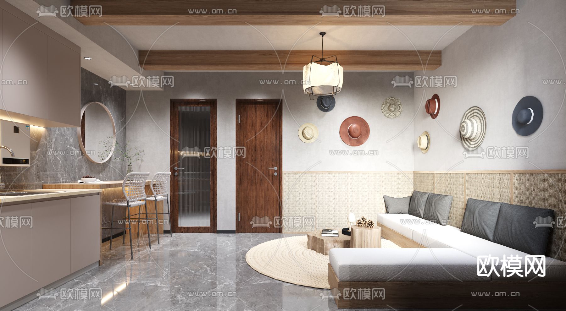 侘寂风公寓客厅卧室3d模型下载（渲染图2）