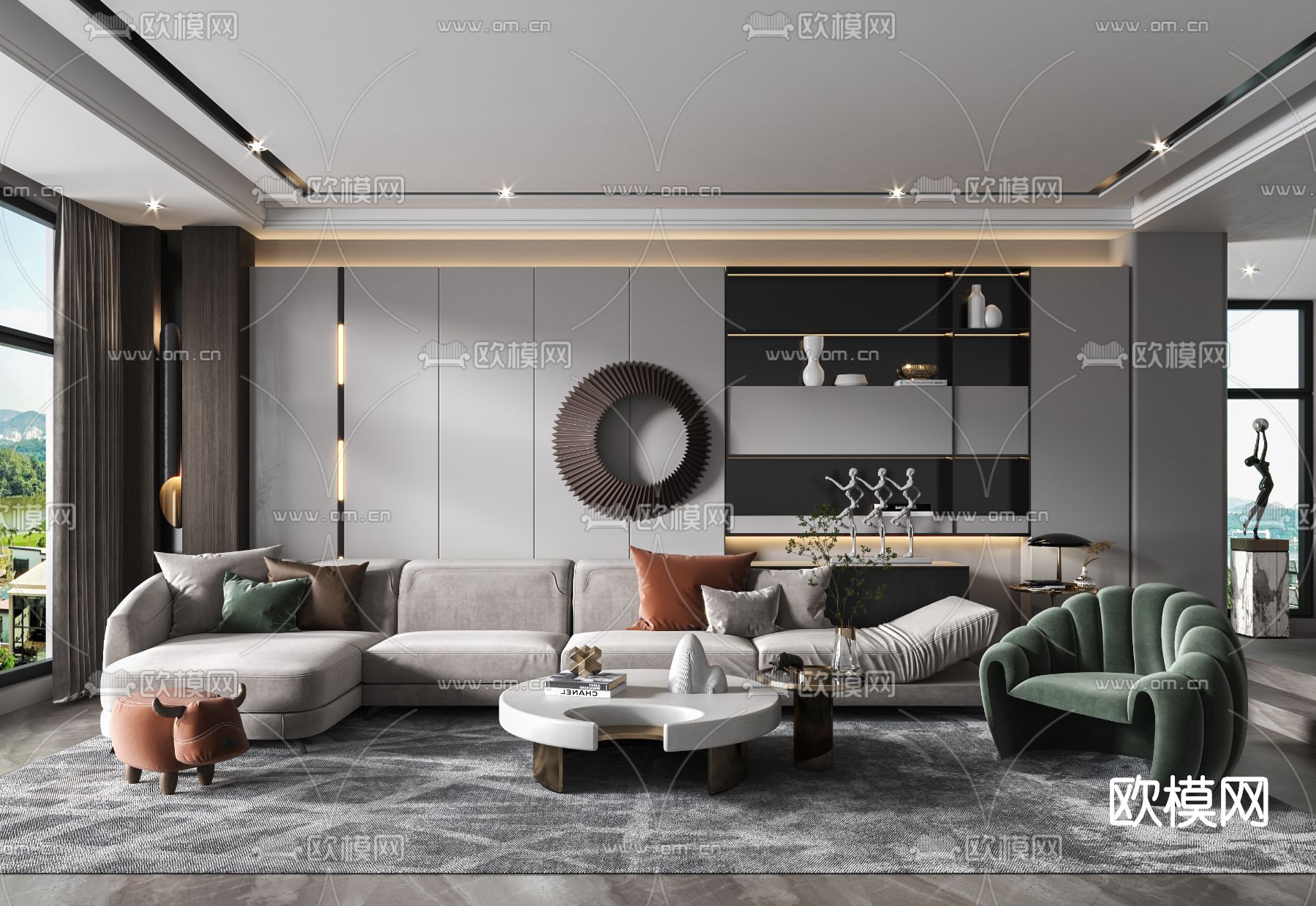 现代布艺转角沙发组合3d模型下载（渲染图1）