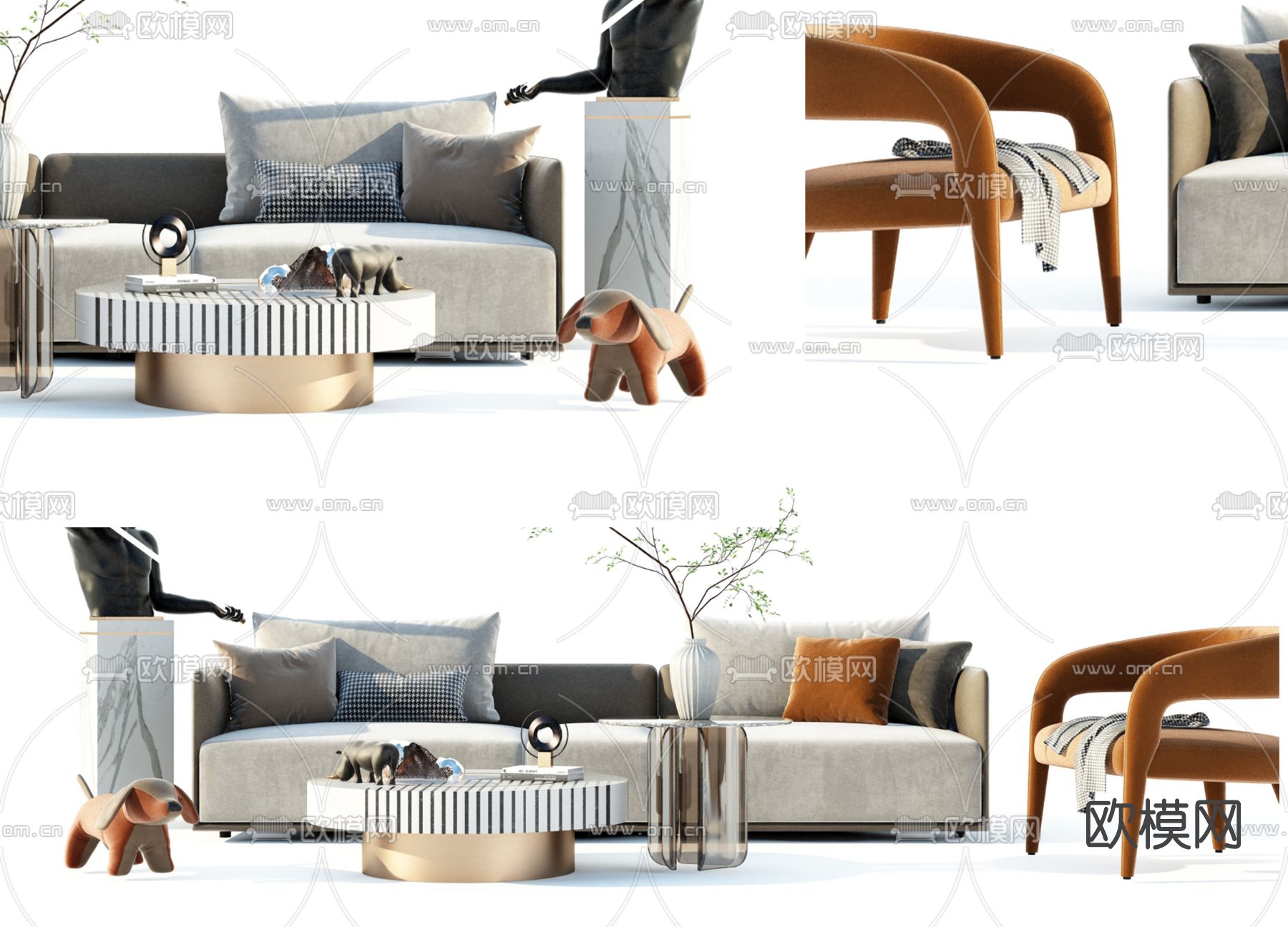现代布艺沙发组合su模型下载（渲染图1）