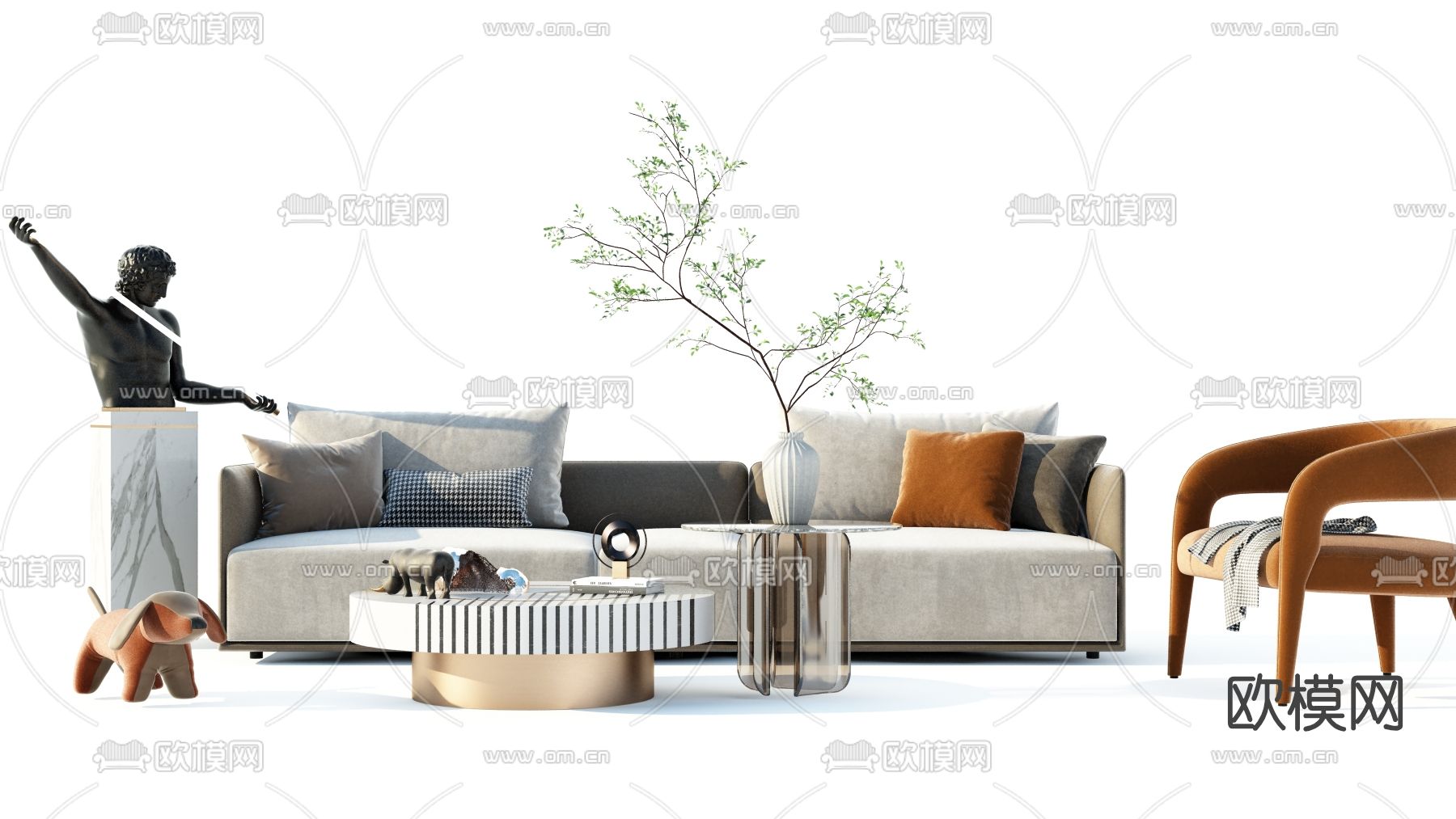 现代布艺沙发组合su模型下载（渲染图2）