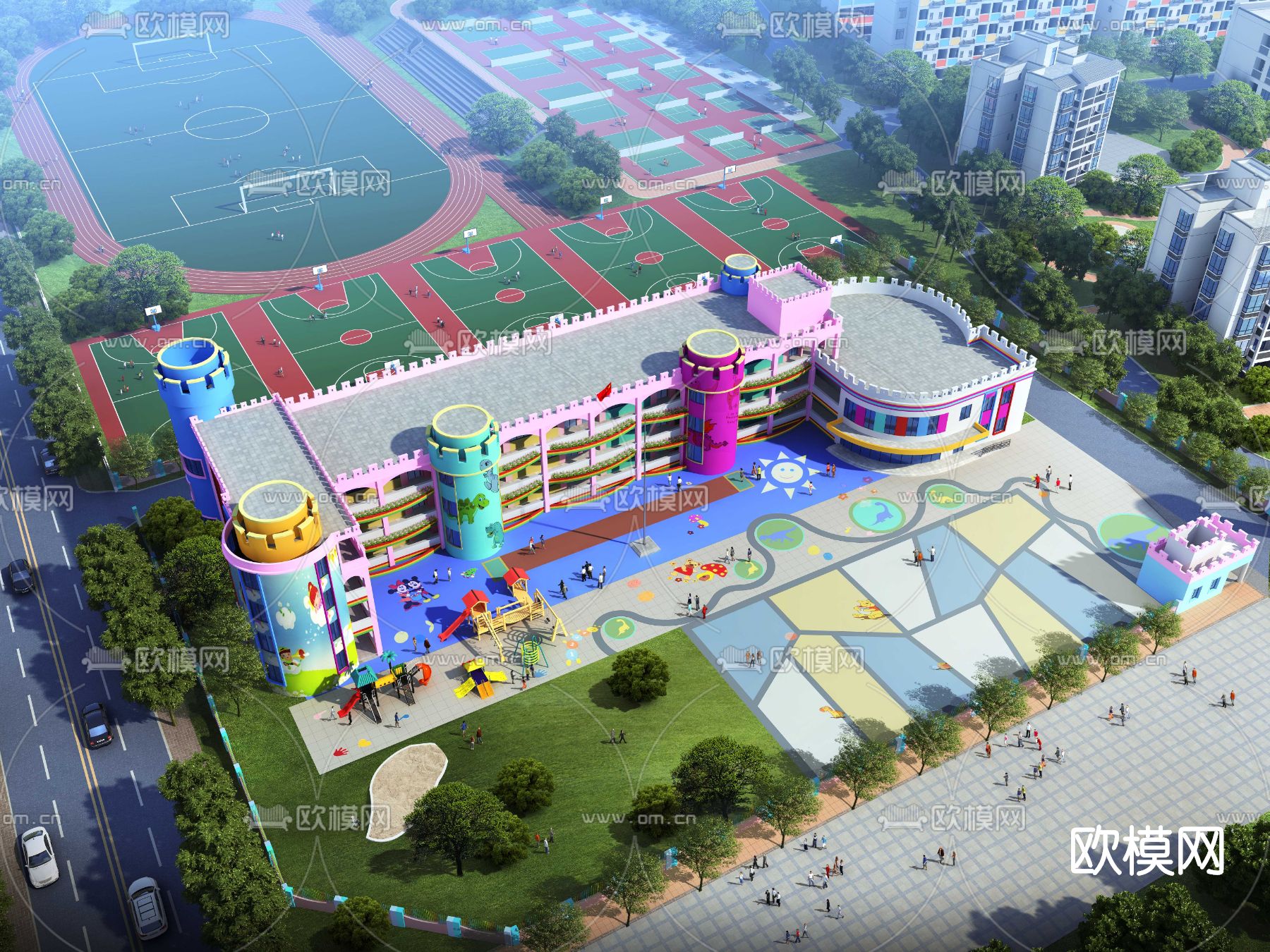 现代幼儿园鸟瞰3d模型