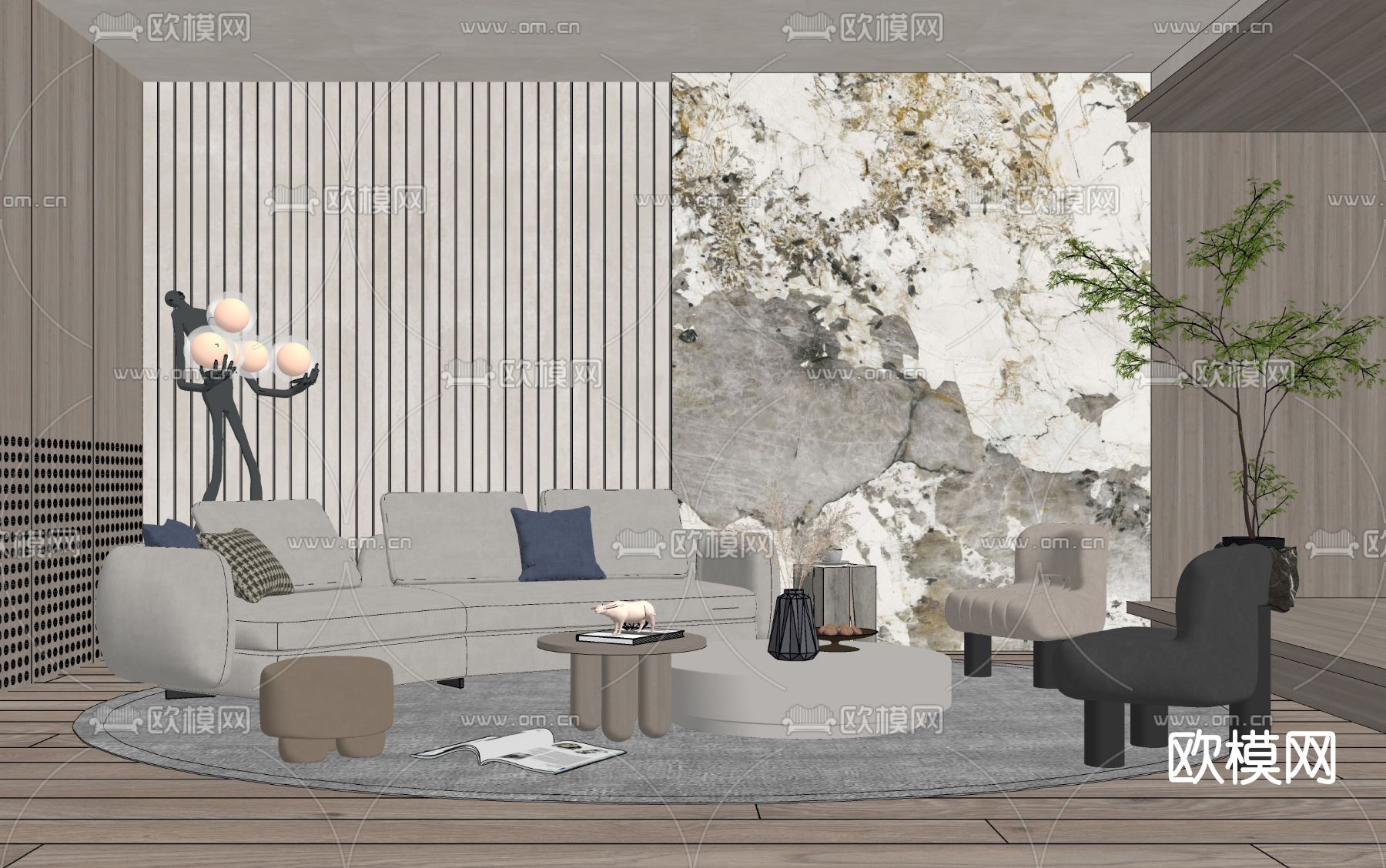 现代布艺沙发组合su模型下载（渲染图2）