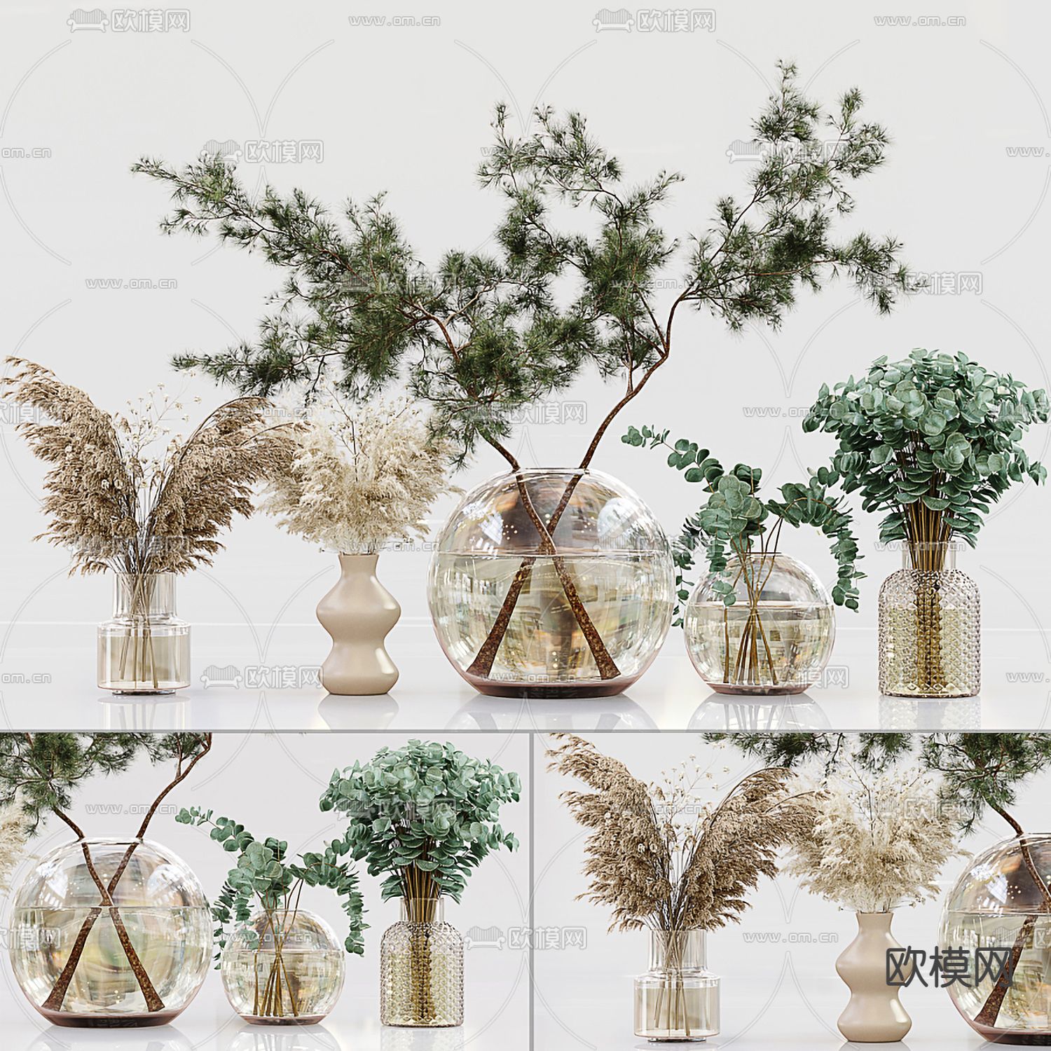 现代植物玻璃花瓶花艺3d模型下载