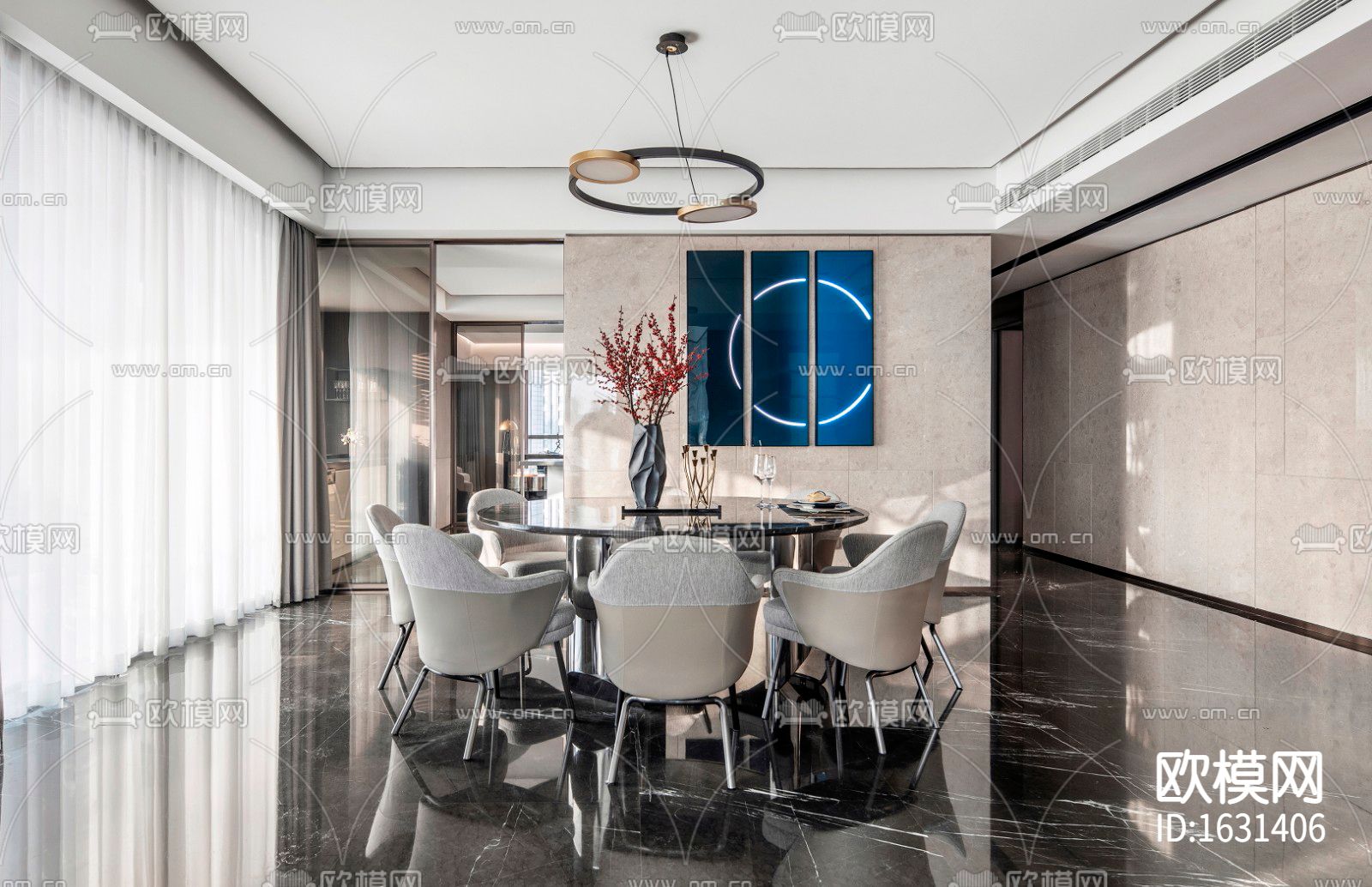 现代家居大平层cad施工图下载（渲染图7）