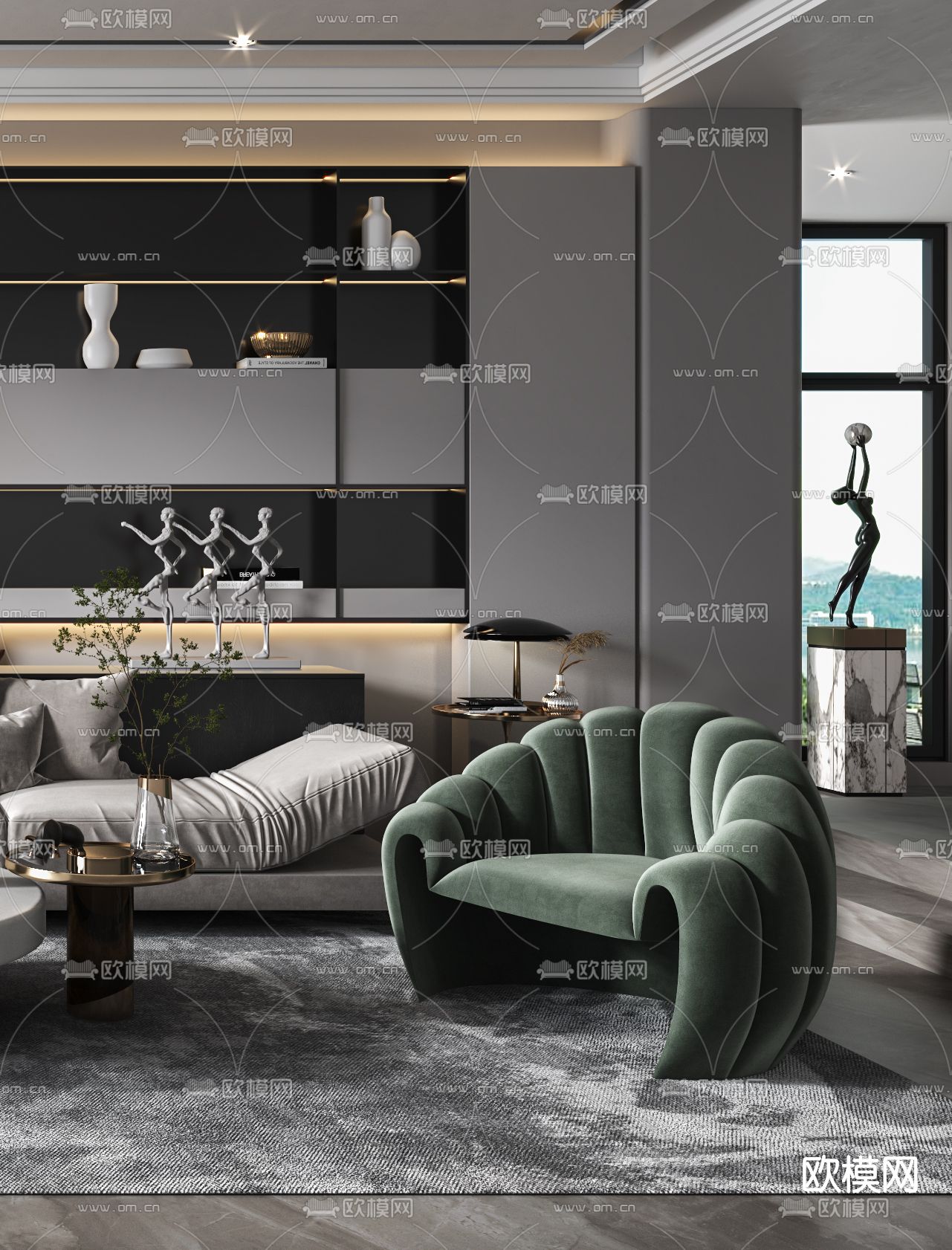 现代布艺转角沙发组合3d模型下载（渲染图3）