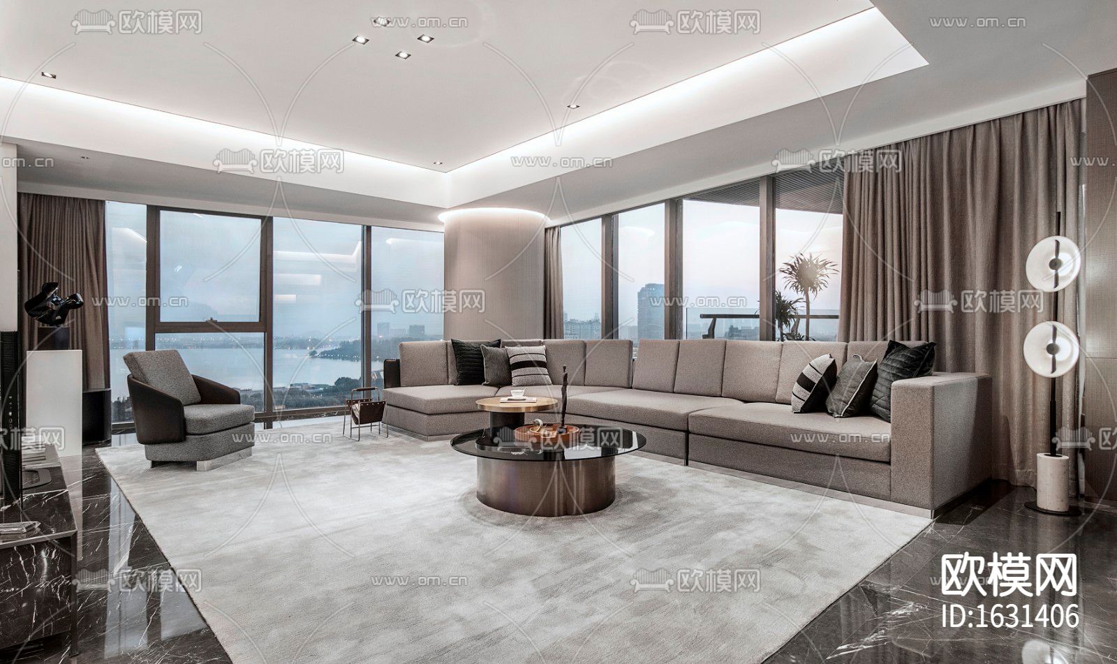 现代家居大平层cad施工图下载（渲染图2）