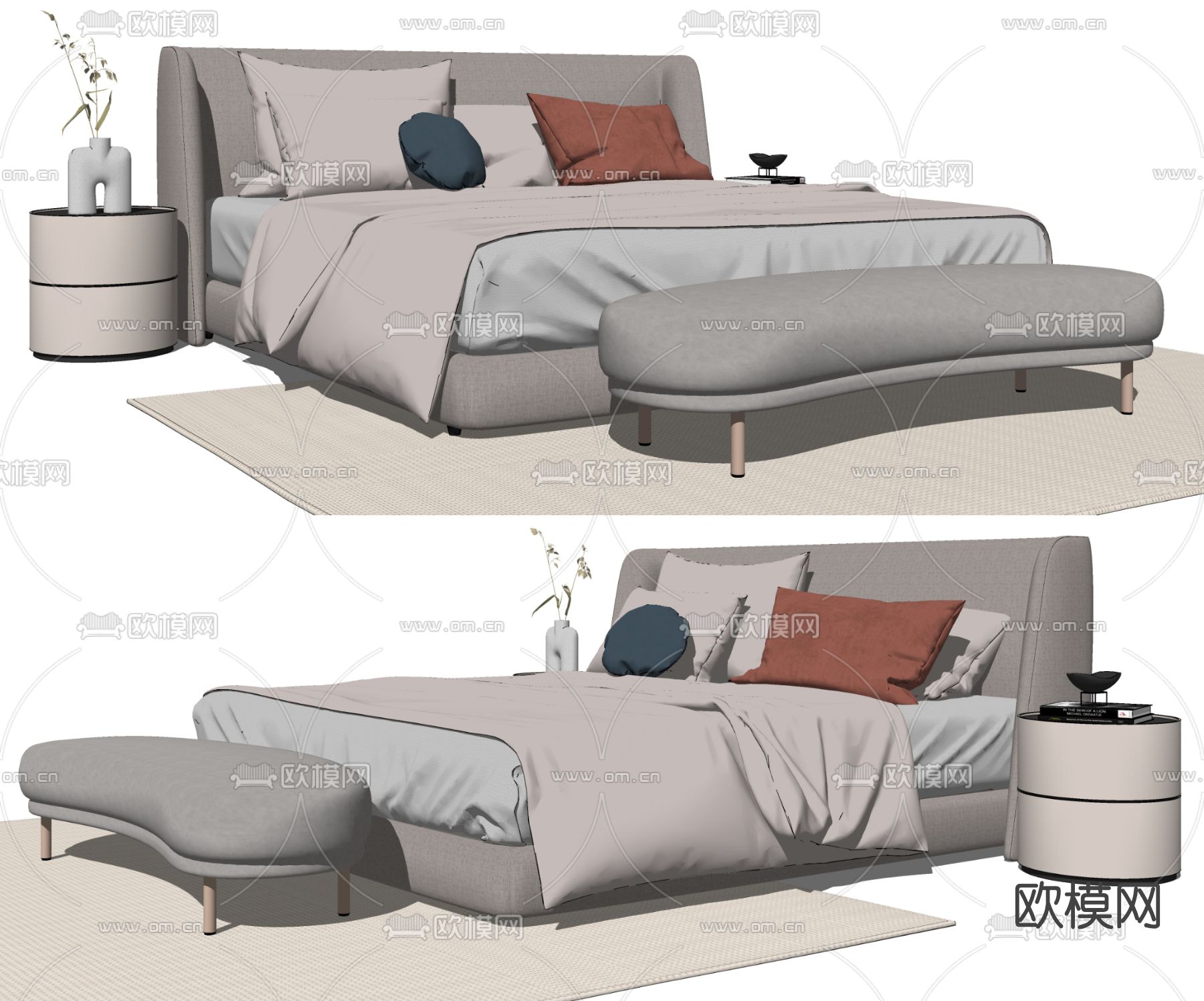 现代布艺双人床su模型下载（渲染图2）