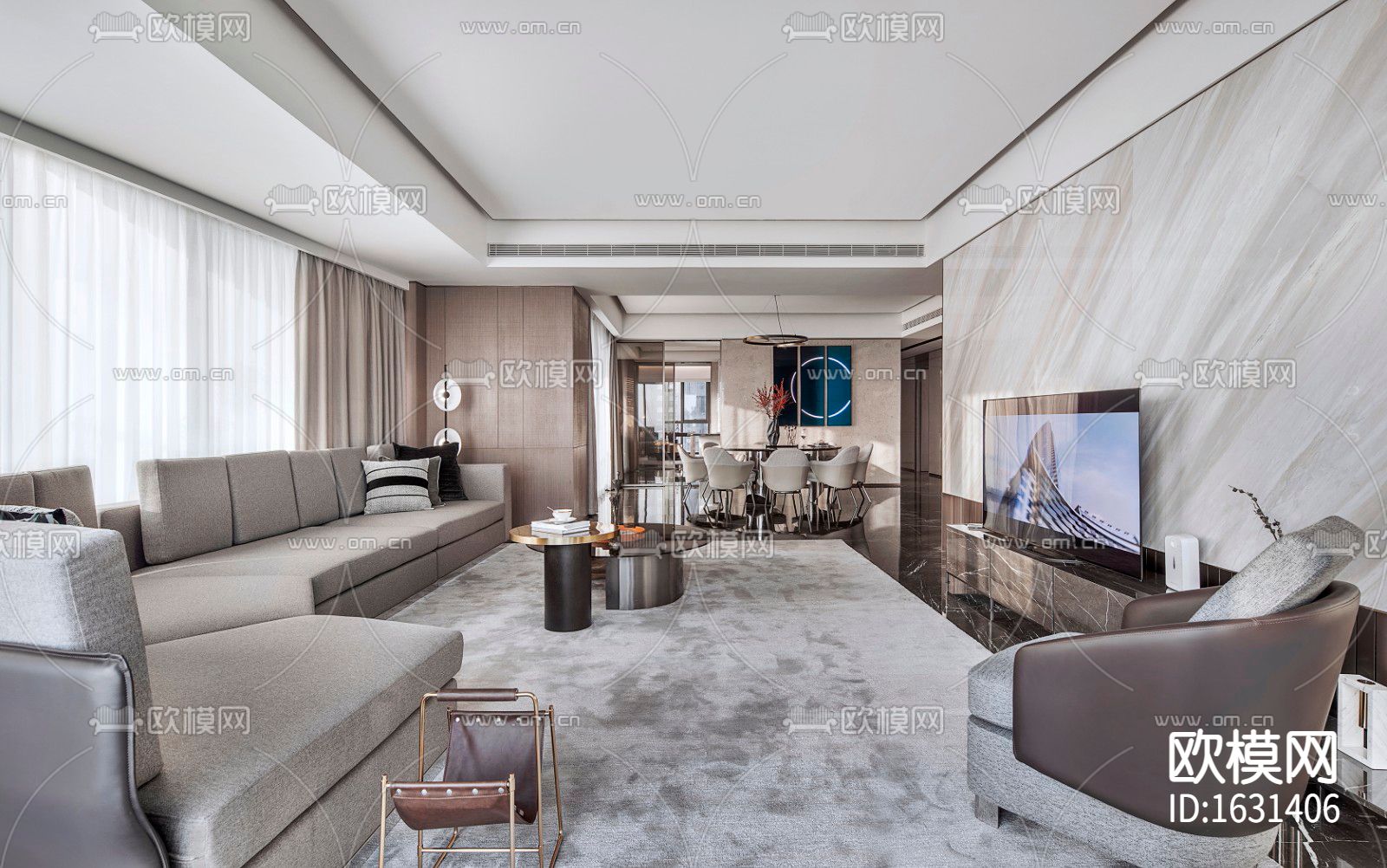 现代家居大平层cad施工图下载（渲染图1）