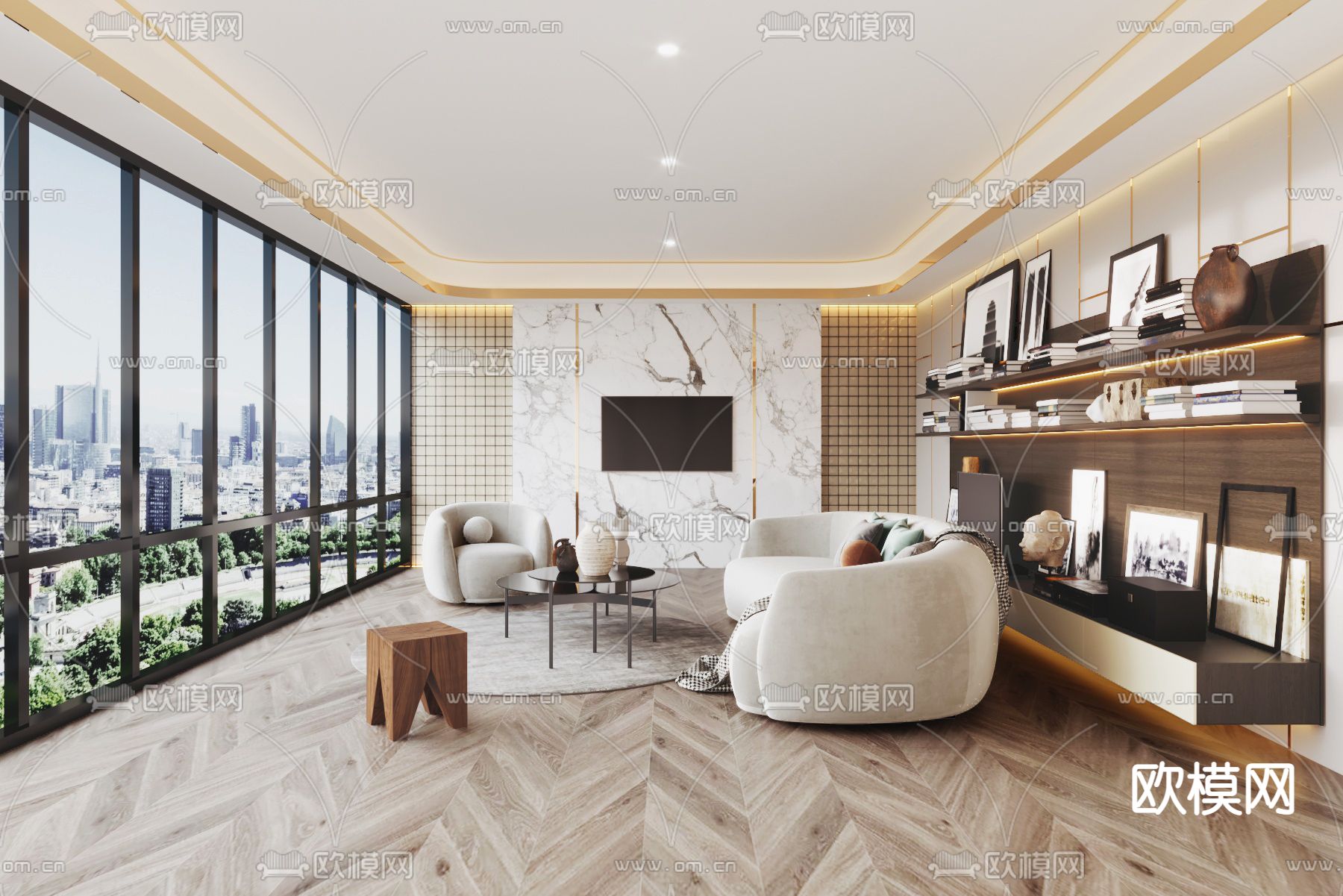 现代轻奢会客厅3d模型下载_ID10868722_3dmax免费模型-欧模网