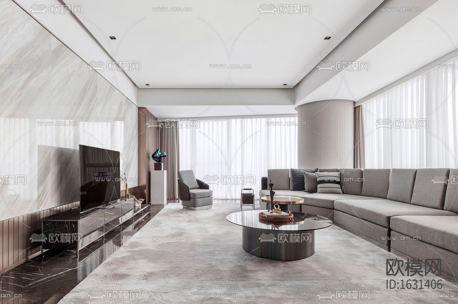 现代家居大平层cad施工图下载（渲染图4）