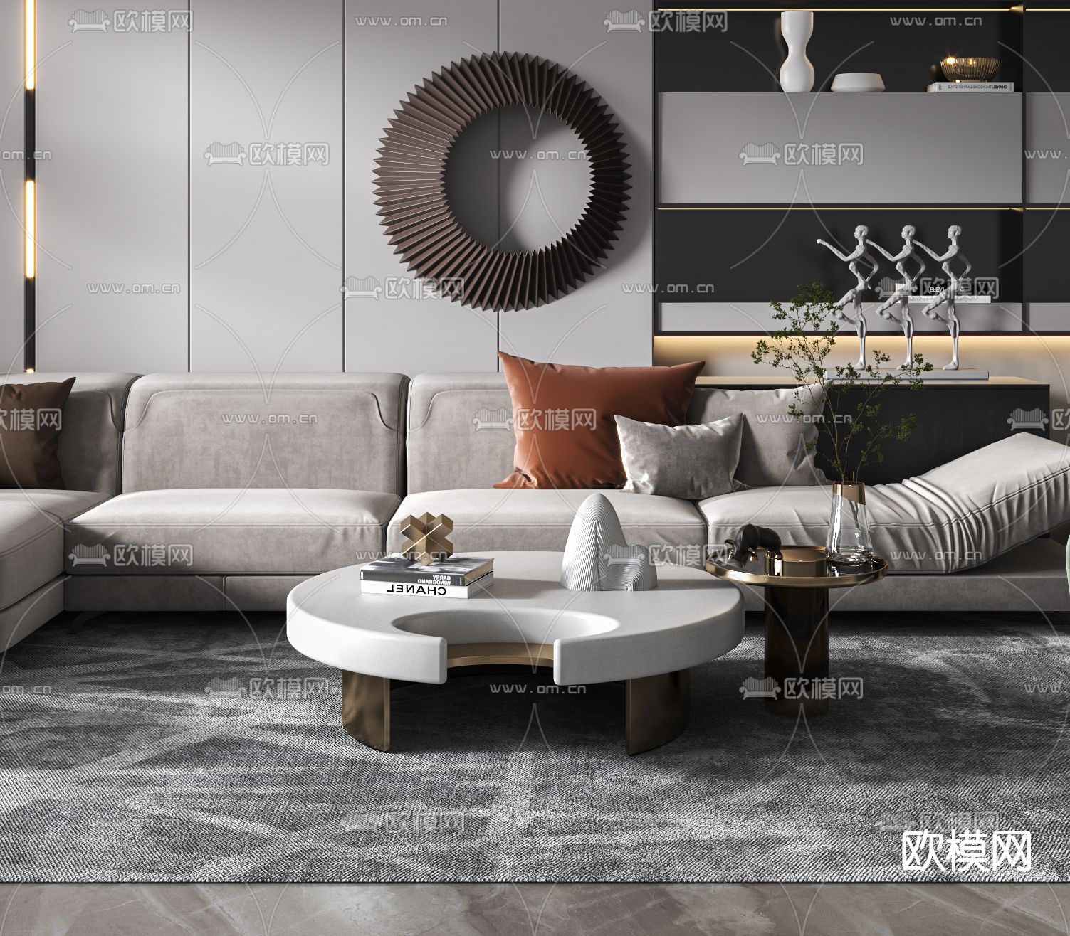 现代布艺转角沙发组合3d模型下载（渲染图2）