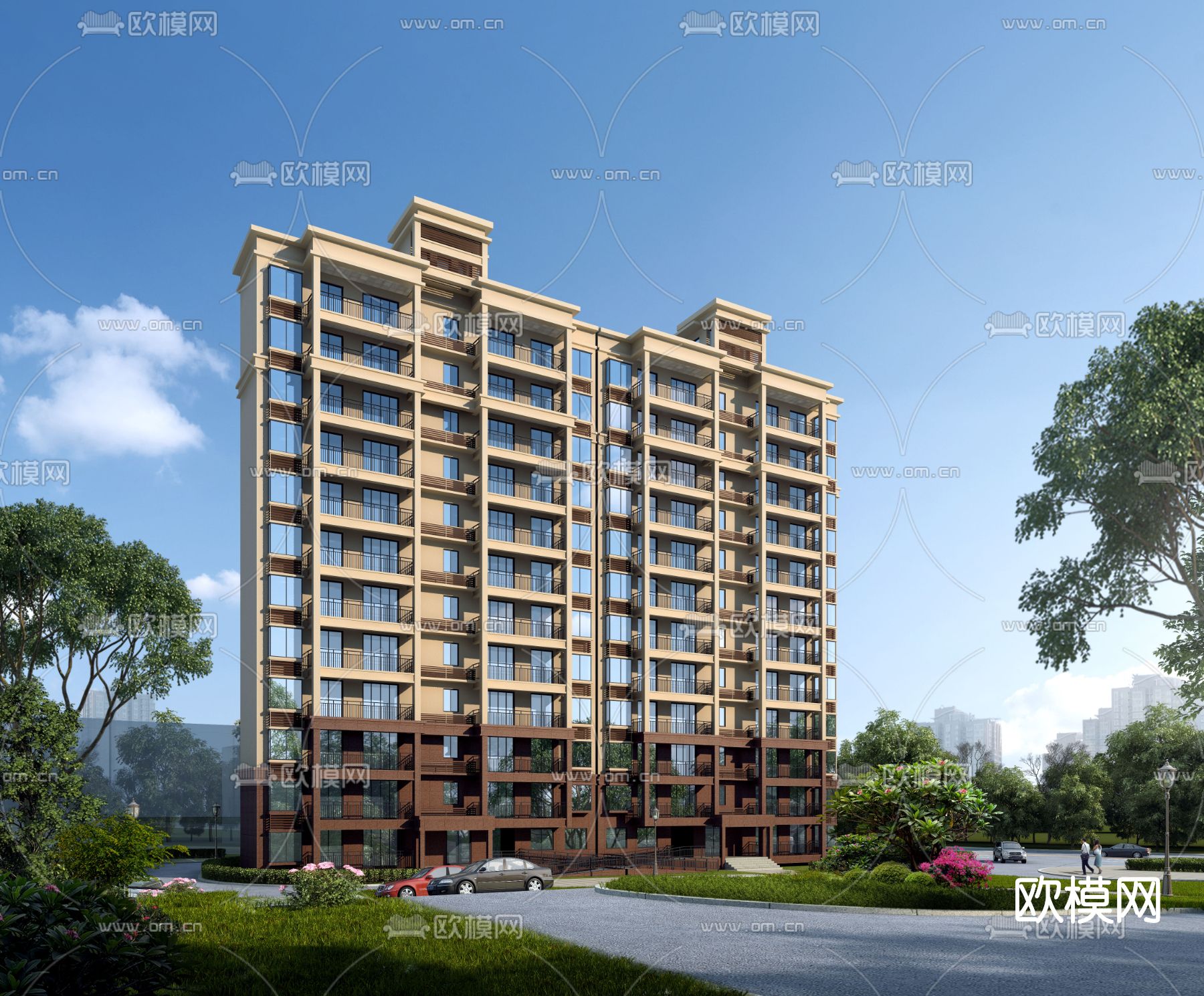 简欧住宅公寓建筑外观3d模型下载