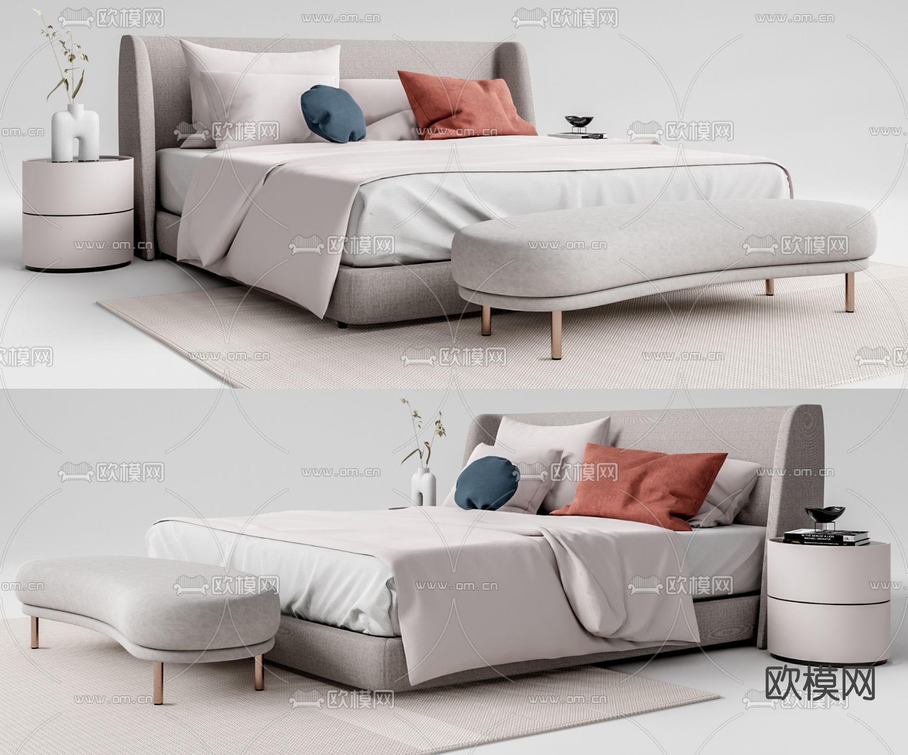 现代布艺双人床su模型下载（渲染图1）
