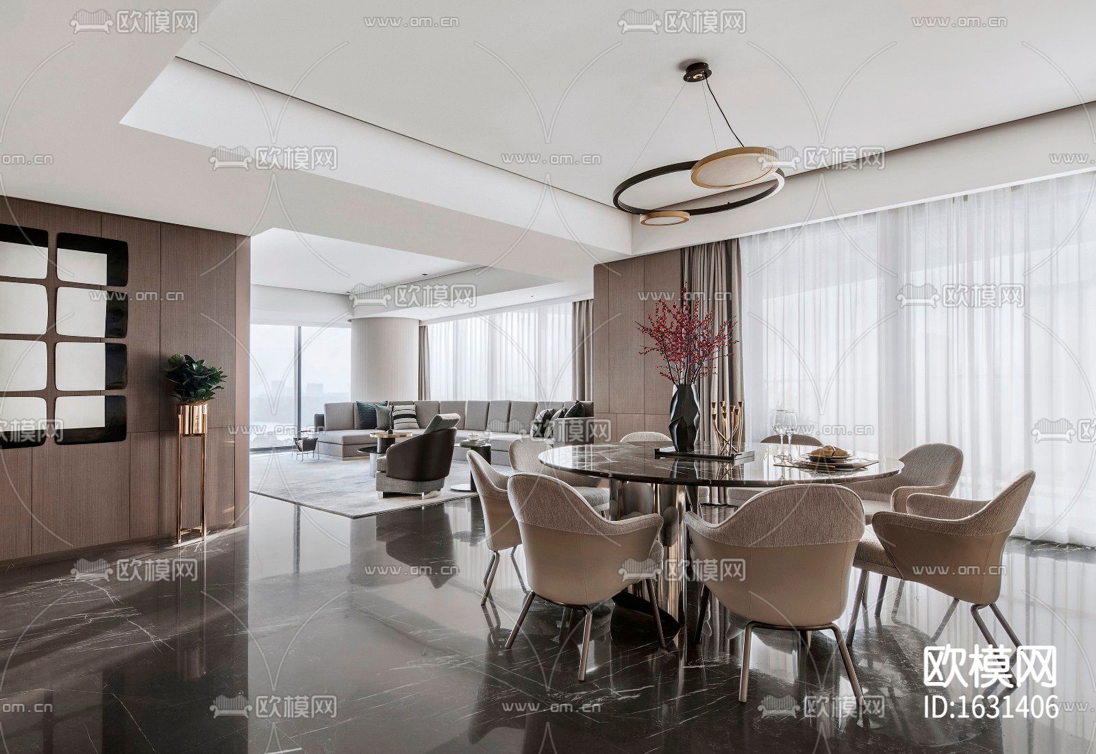 现代家居大平层cad施工图下载（渲染图6）