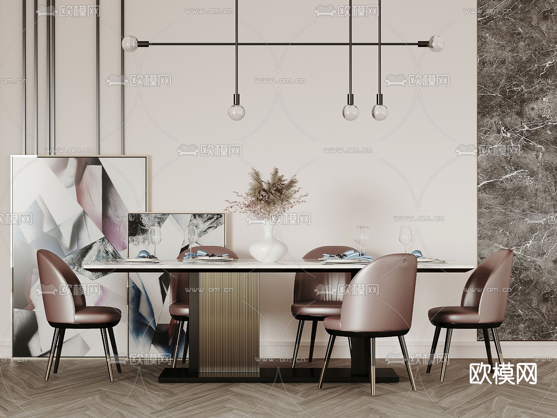 现代轻奢大理石餐桌椅3d模型下载