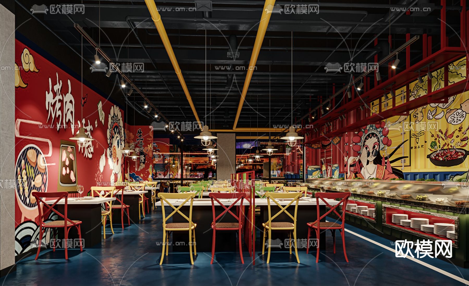 工业风网红国潮自助餐厅3d模型