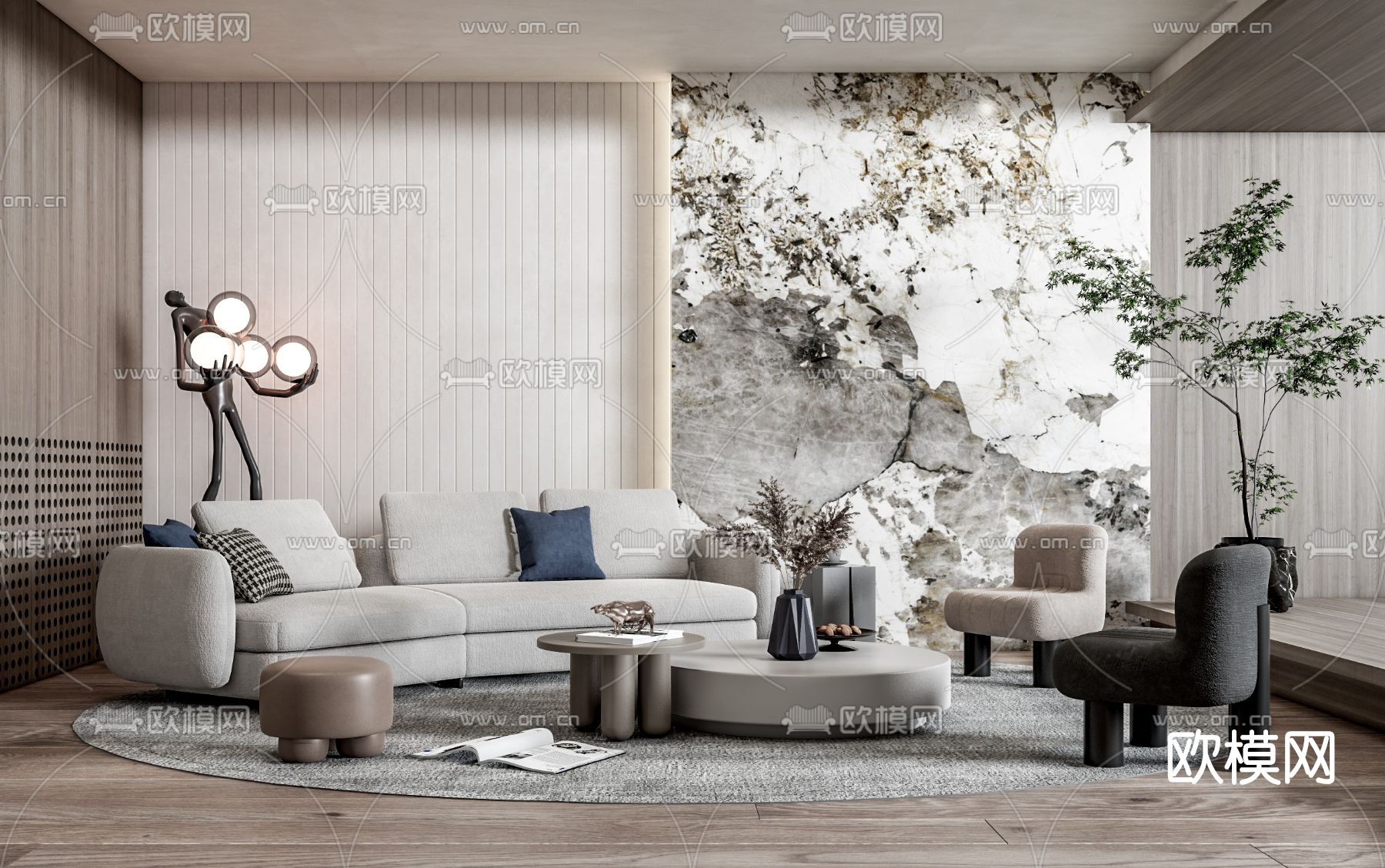 现代布艺沙发组合su模型下载（渲染图1）