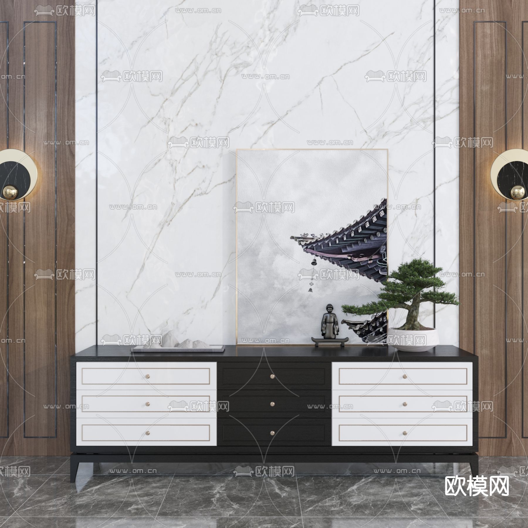 新中式实木电视柜3d模型下载