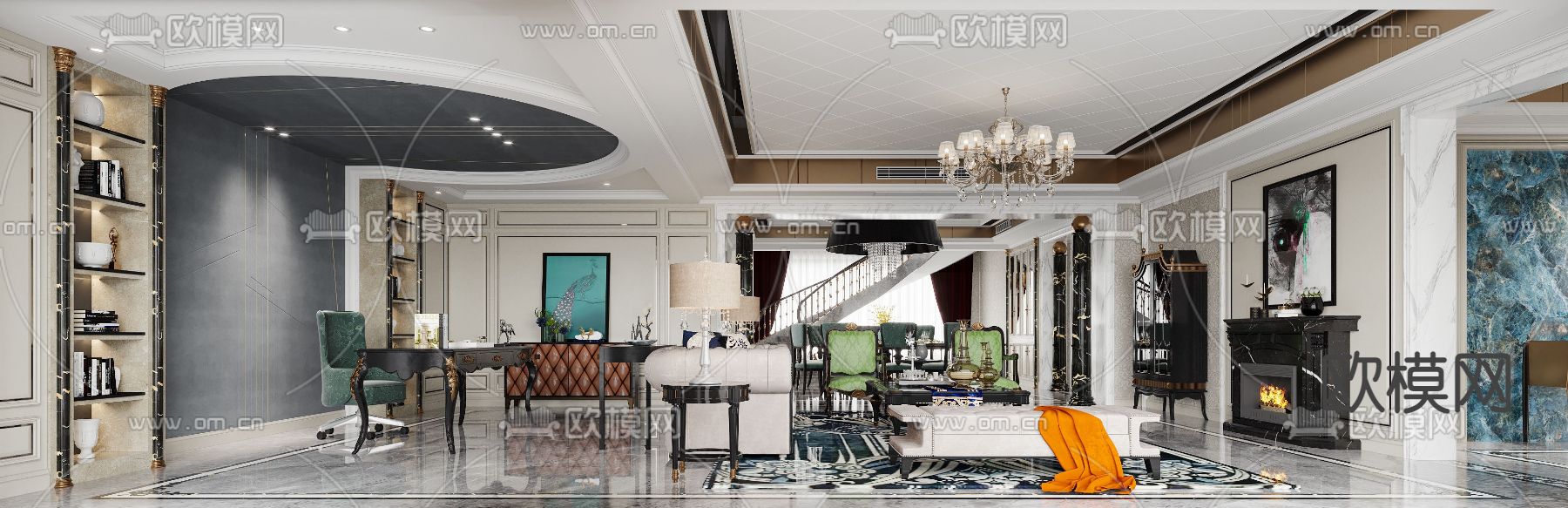 欧式古典客厅餐厅3d模型下载（渲染图3）