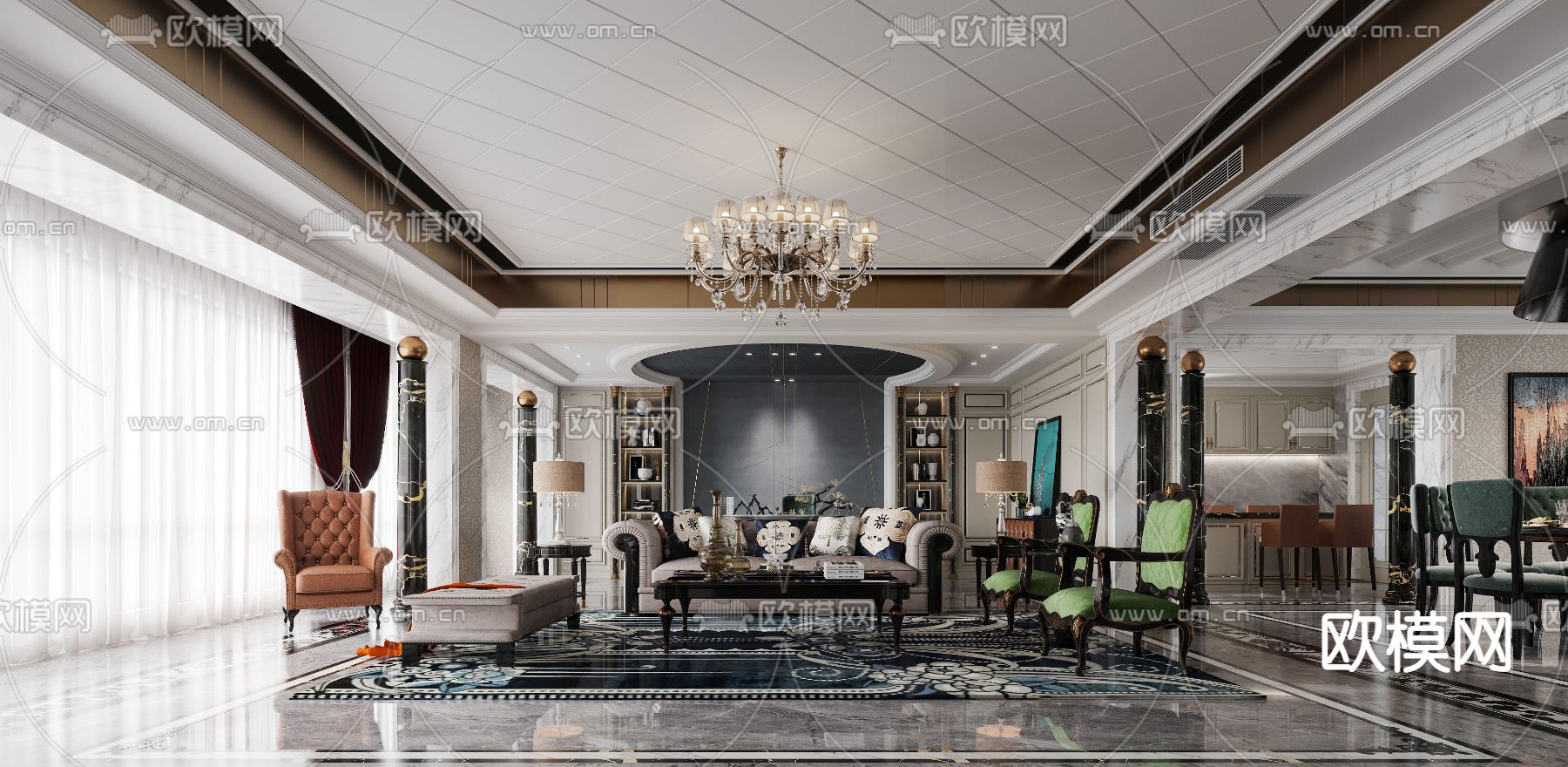 欧式古典客厅餐厅3d模型下载（渲染图1）