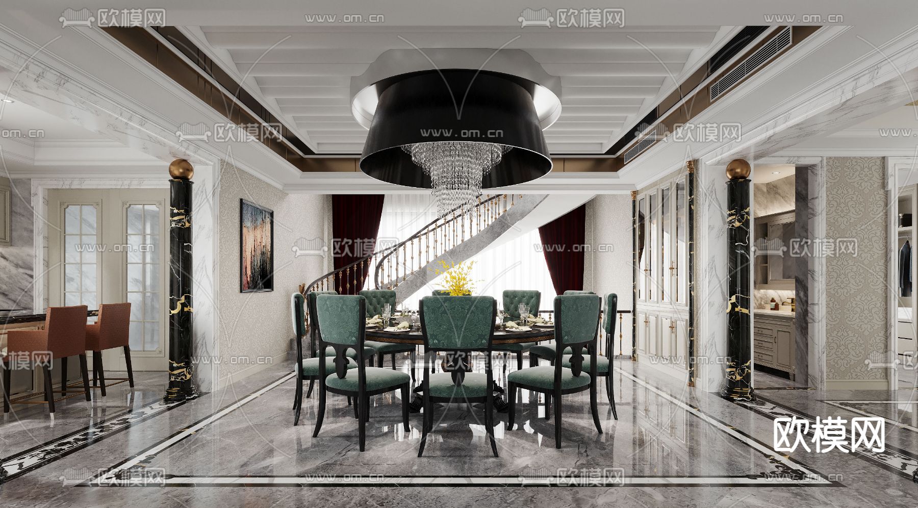 欧式古典客厅餐厅3d模型下载（渲染图2）