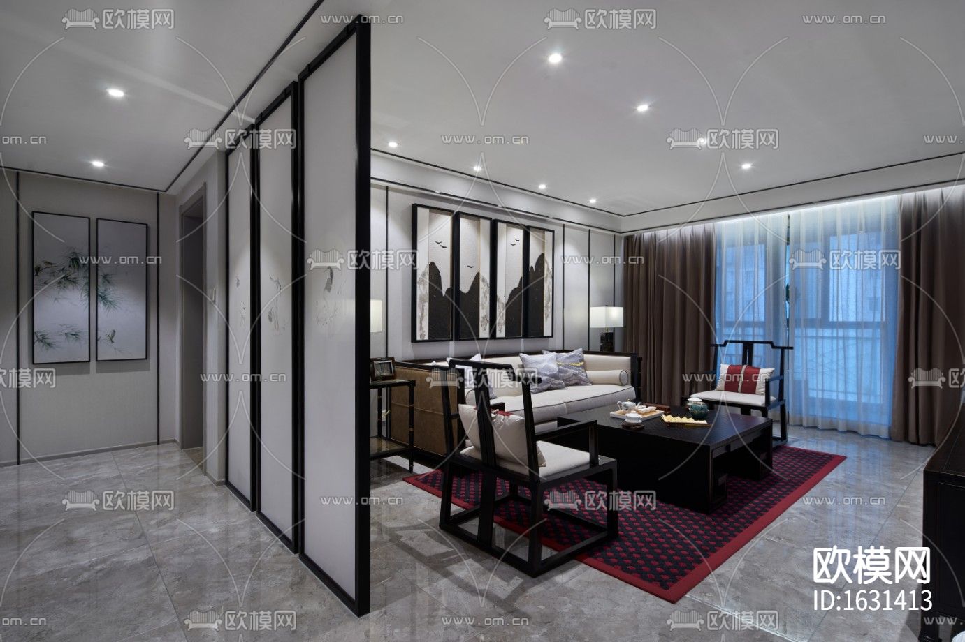 新中式家居住宅cad施工图下载（渲染图1）