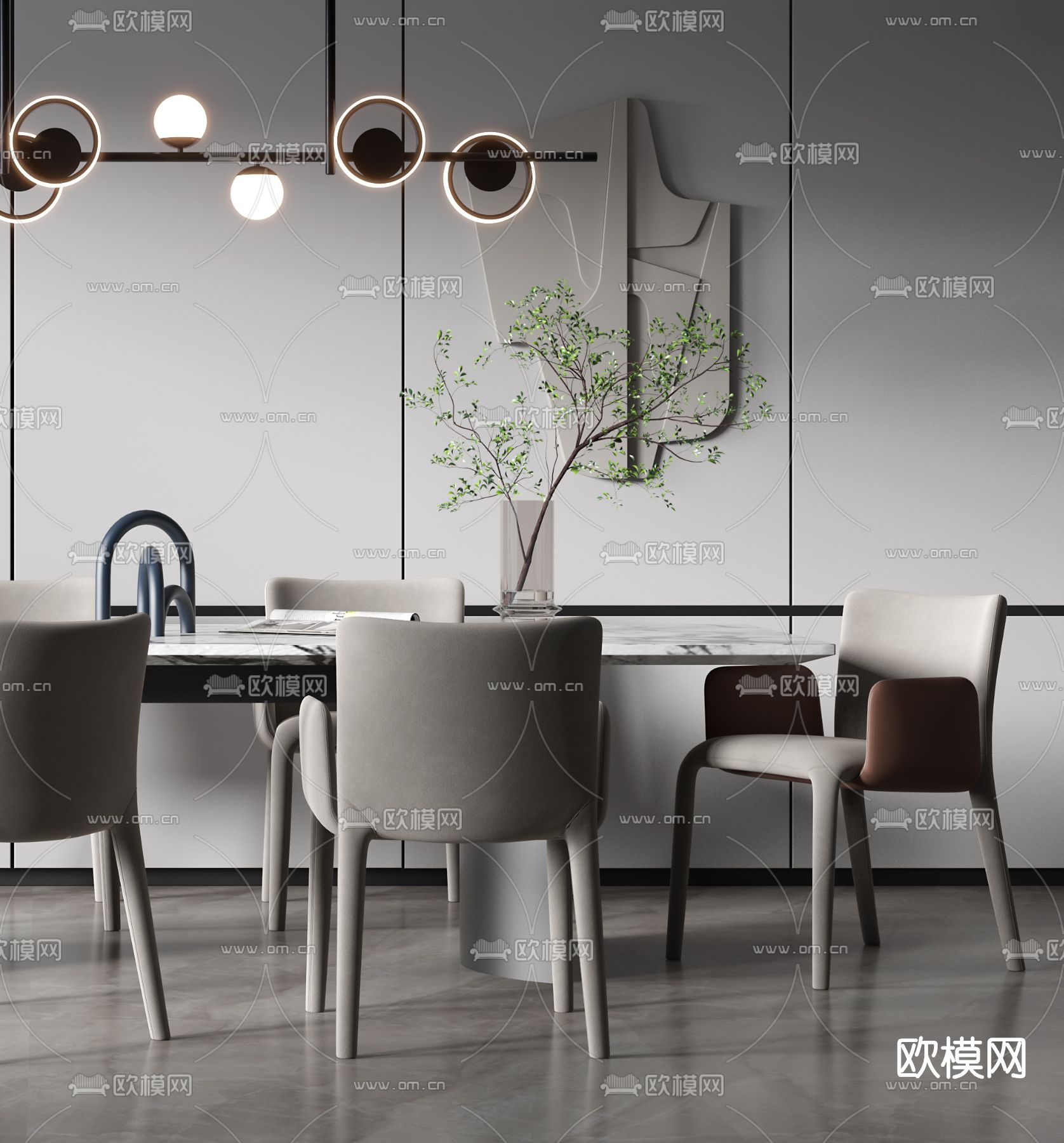 现代大理石条形餐桌椅3d模型下载（渲染图2）