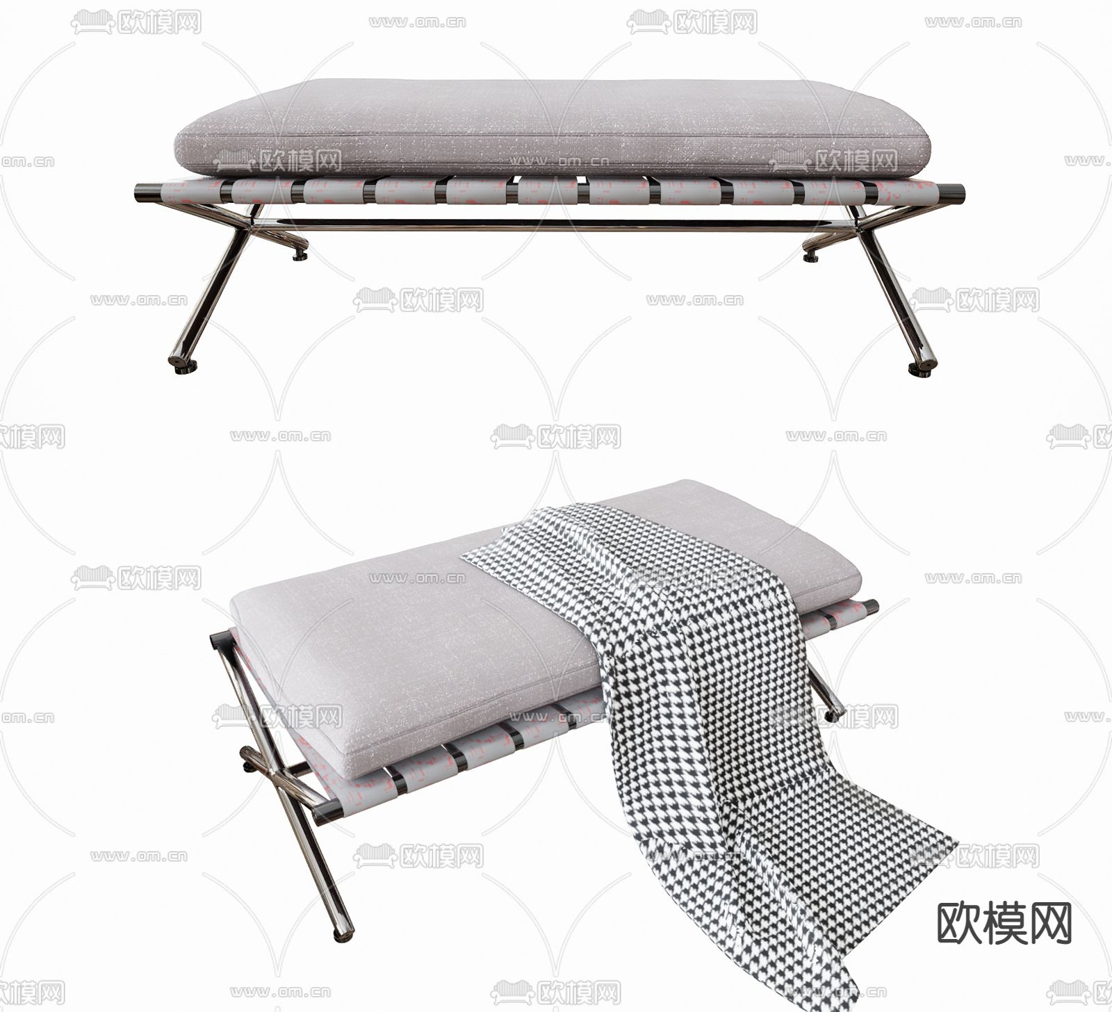 现代布艺床尾凳su模型下载（渲染图1）