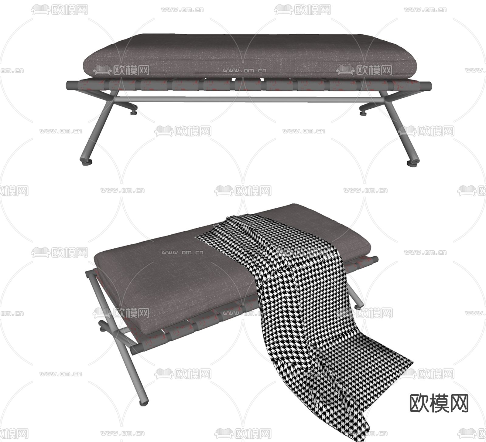 现代布艺床尾凳su模型下载（渲染图2）