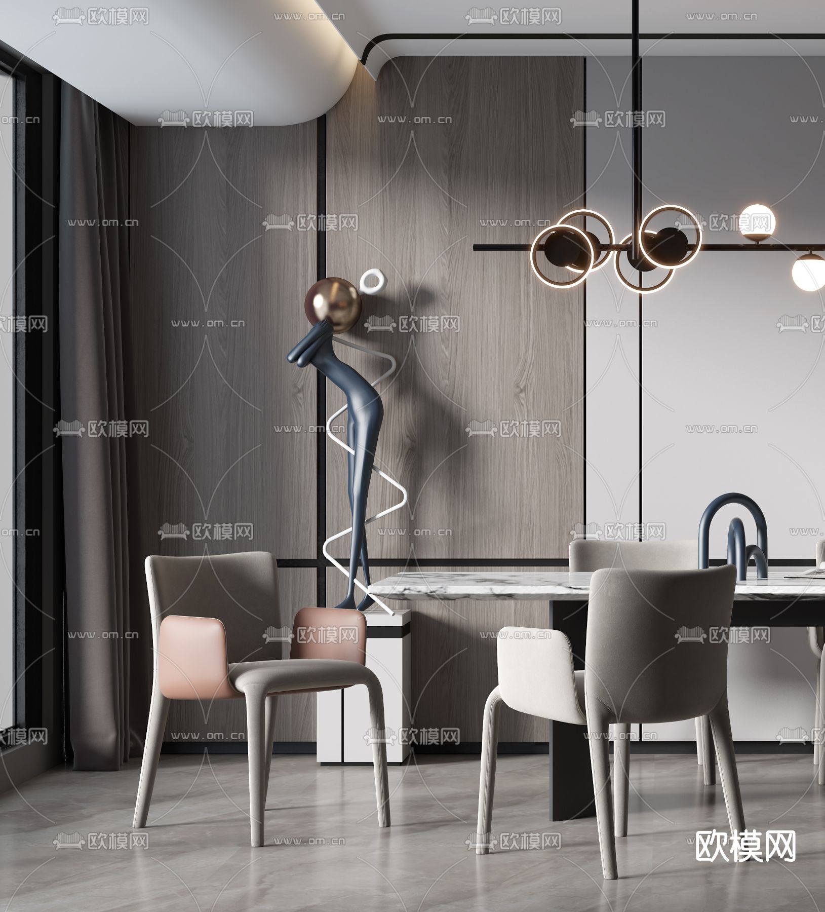 现代大理石条形餐桌椅3d模型下载（渲染图3）