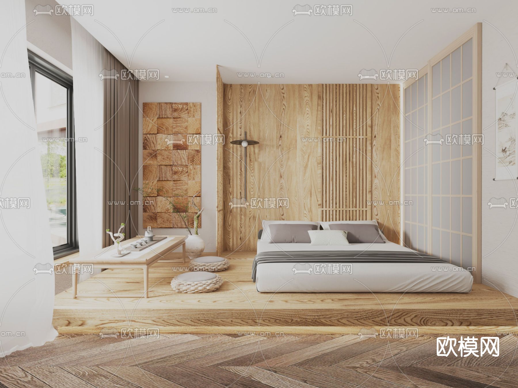 日式榻榻米卧室3d模型下载（渲染图1）