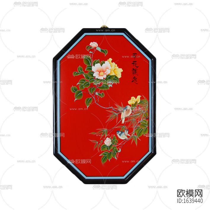 中式古典六边形花卉彩绘装饰画下载