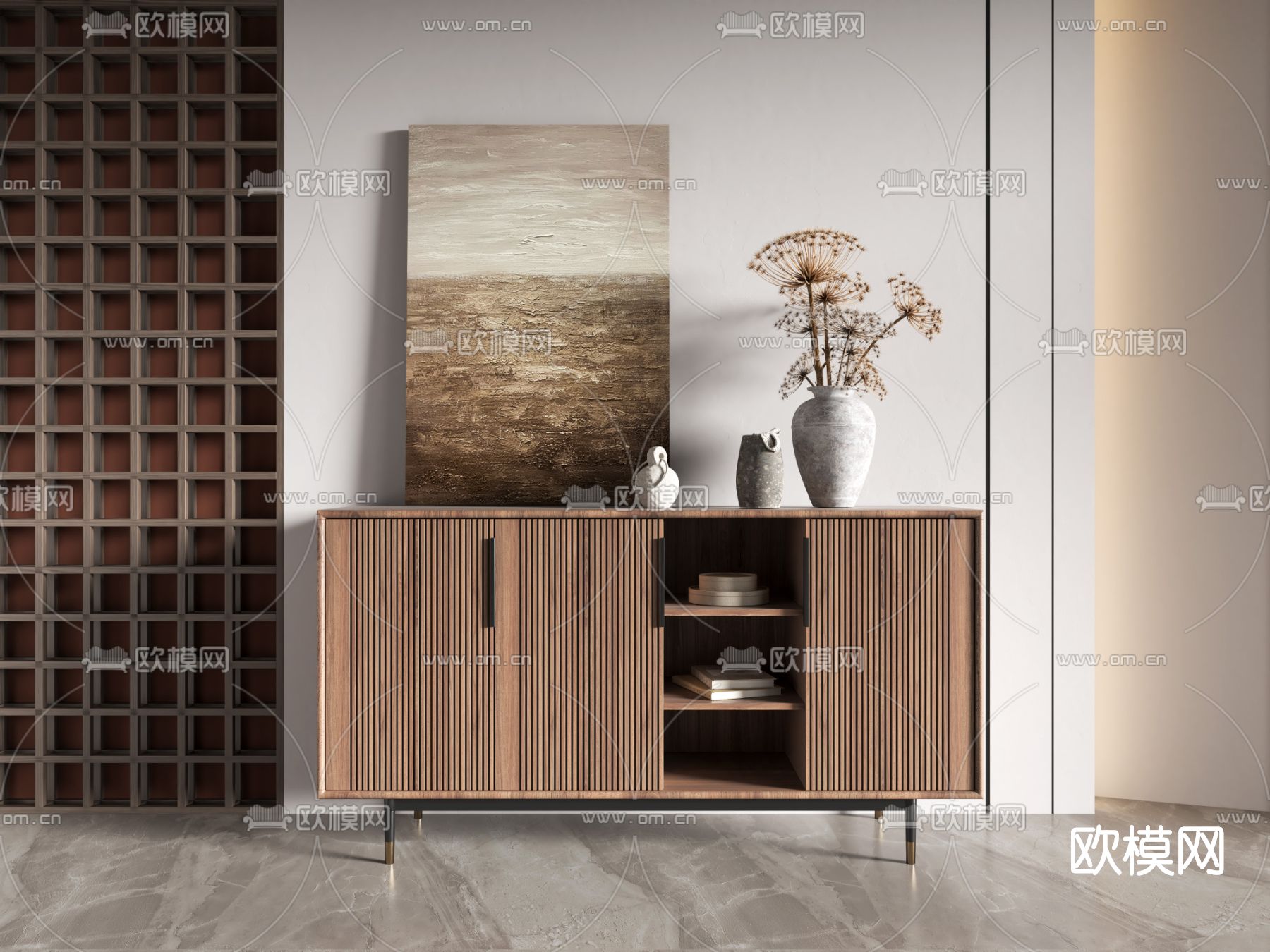 侘寂实木玄关柜边柜3d模型下载