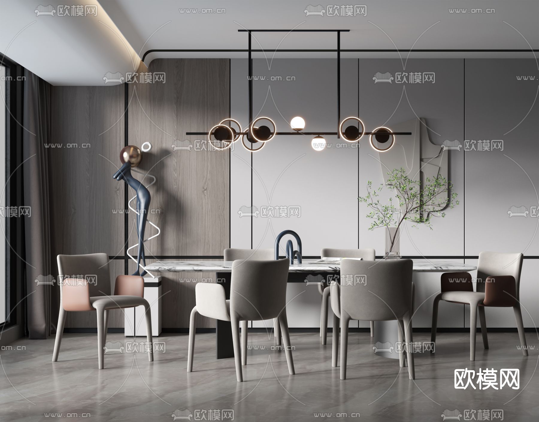 现代大理石条形餐桌椅3d模型下载（渲染图1）