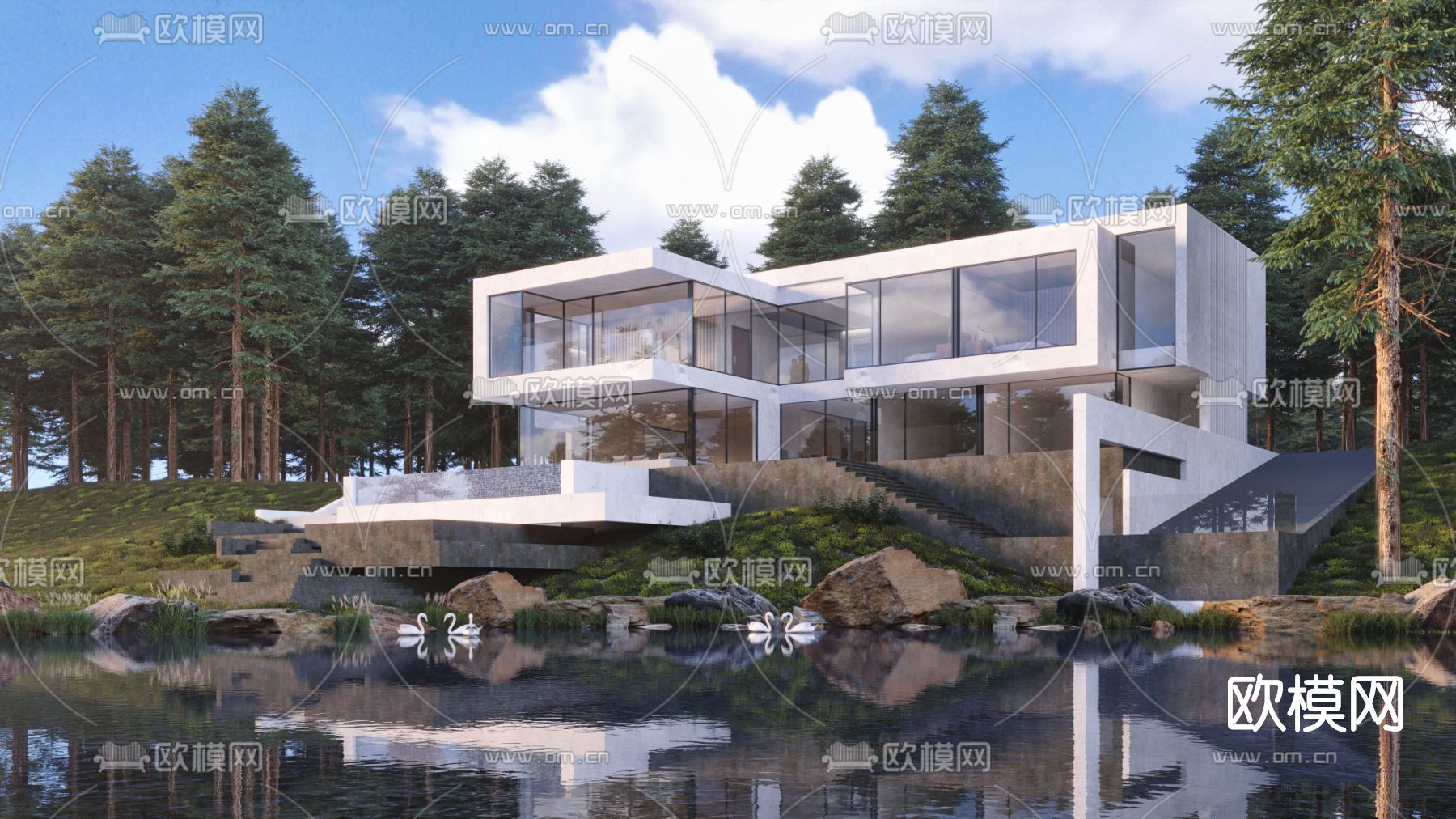 现代独栋别墅外观3d模型下载（渲染图2）