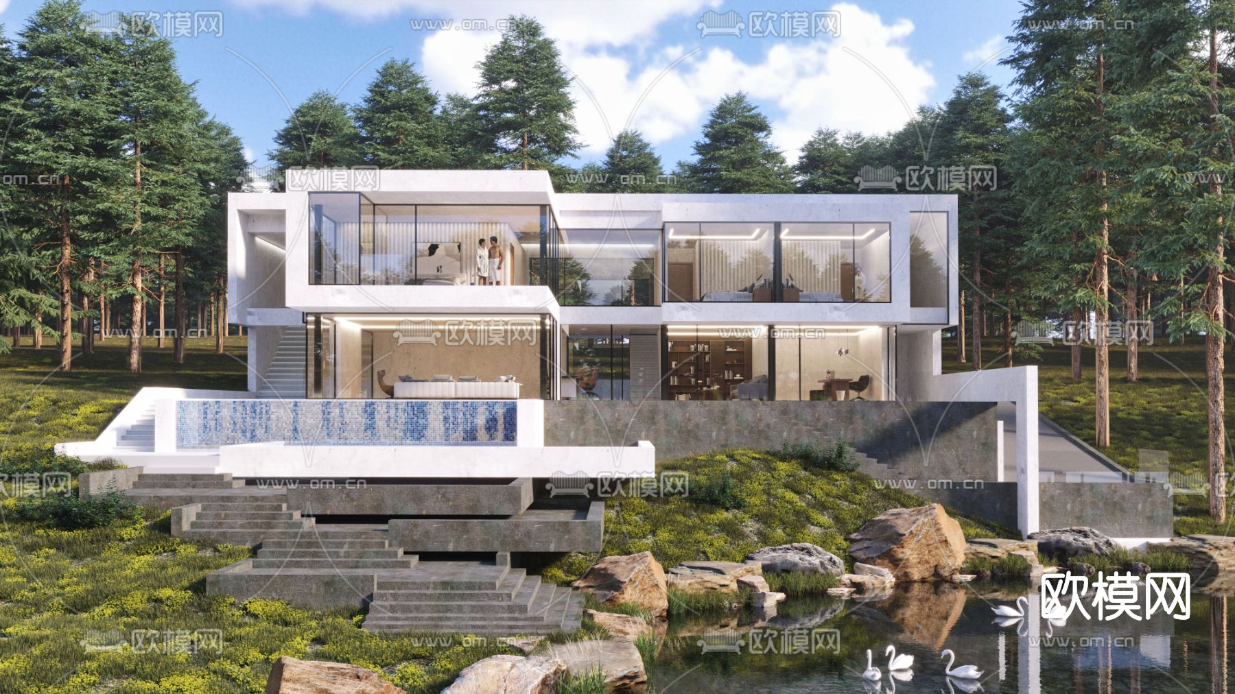 现代独栋别墅外观3d模型下载（渲染图3）