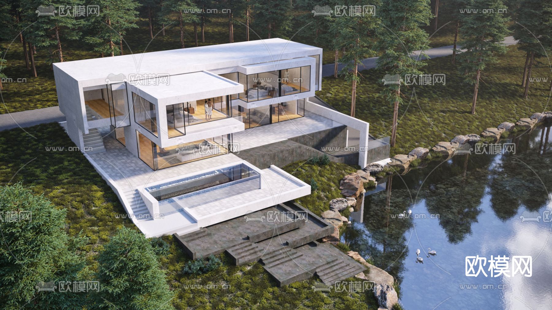 现代独栋别墅外观3d模型下载（渲染图1）