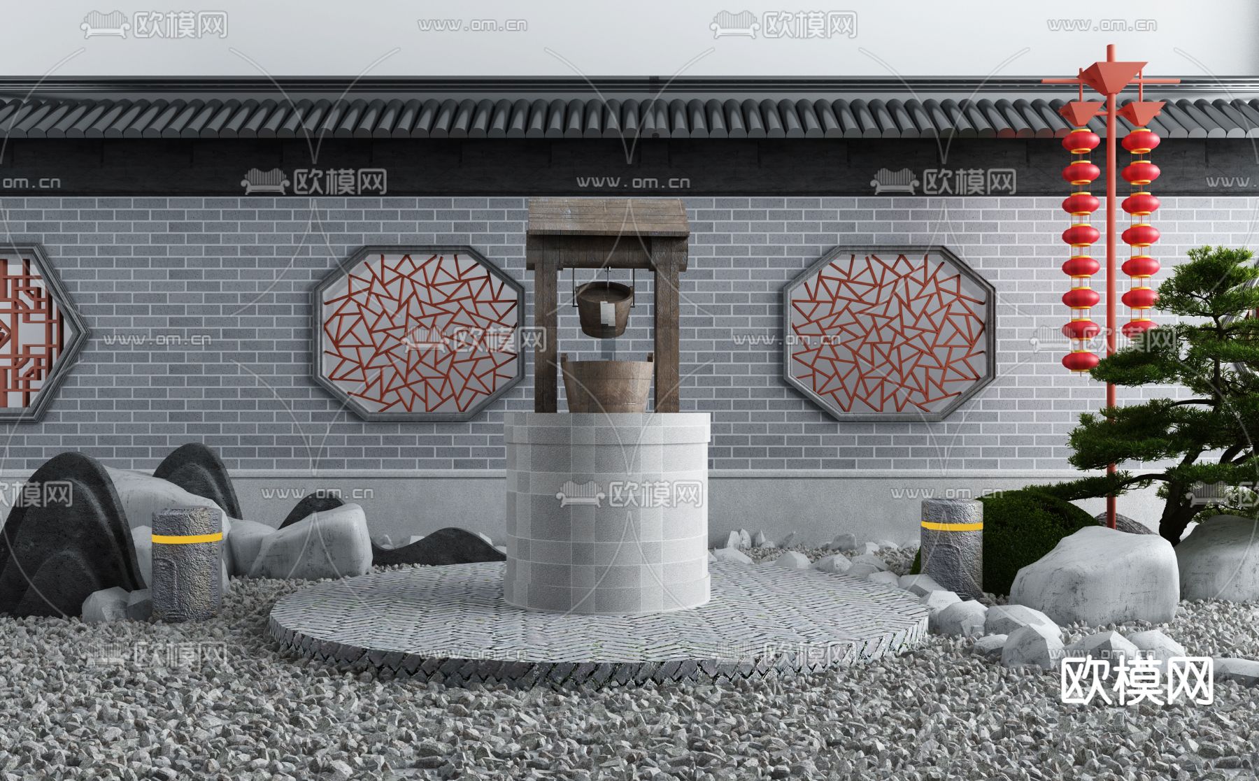 新中式水井枯山水小品3d模型下载