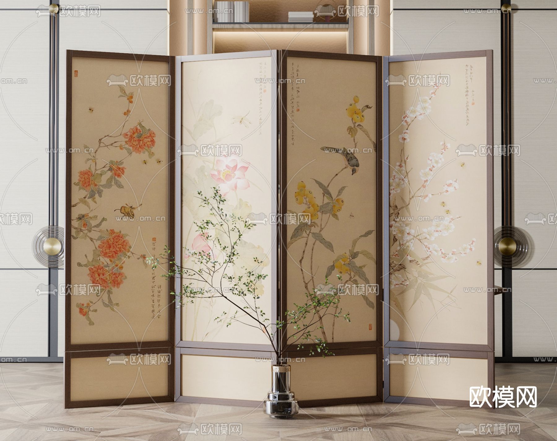 中式花鸟国画屏风隔断3d模型