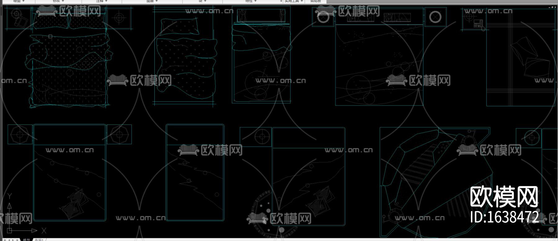 多种款式床床头柜组合平面图库合集下载（渲染图1）