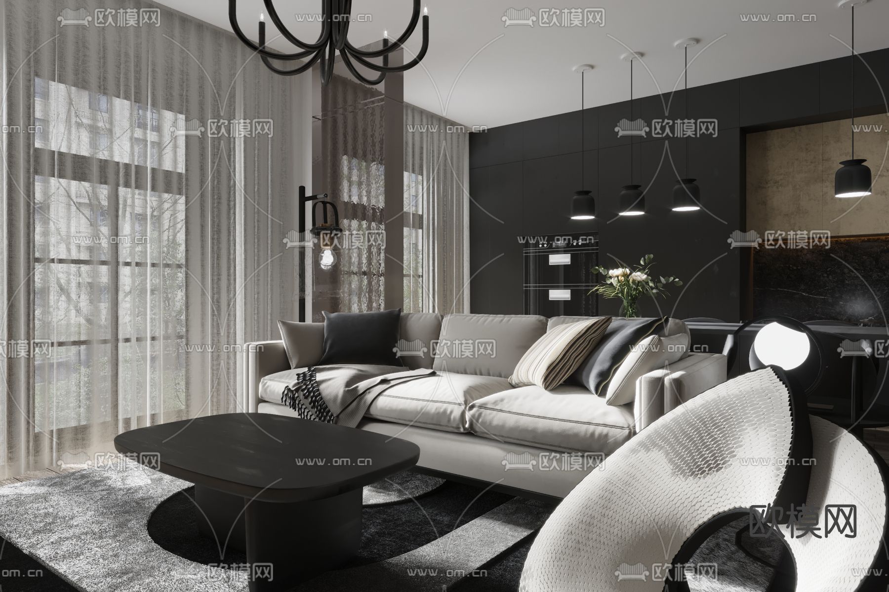 暗黑风 客厅餐厅3d模型下载（渲染图2）